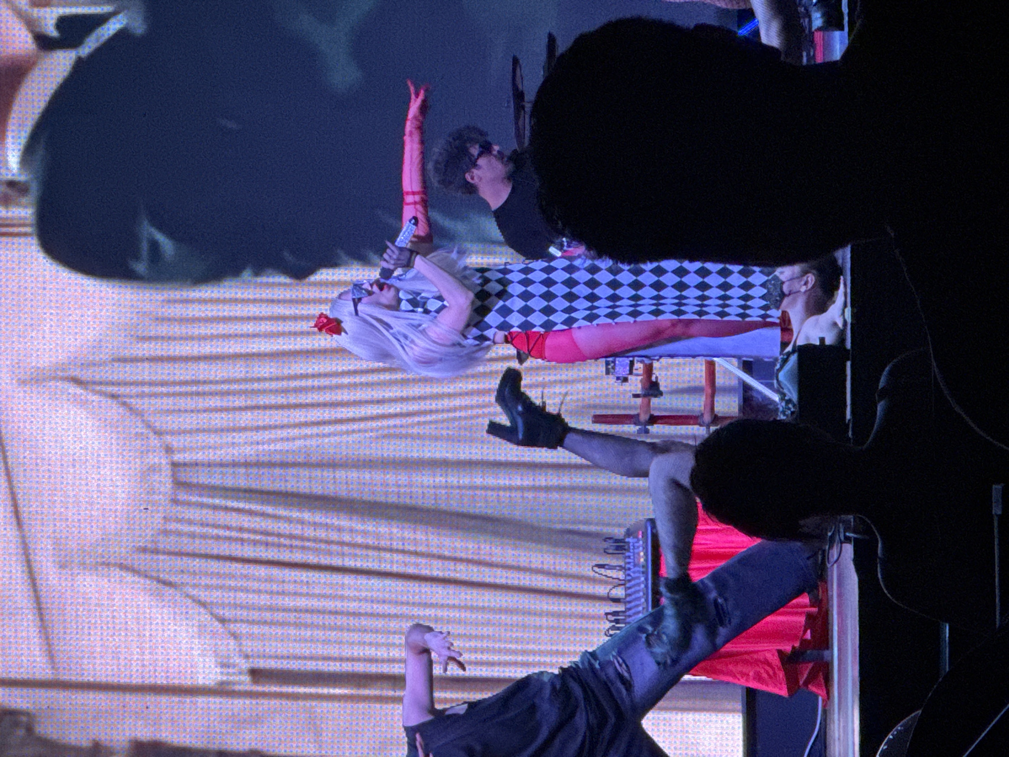 This image depicts a live performance on a stage. In the foreground, a person is silhouetted, facing away from the camera and looking towards the stage. The stage features several individuals, including a woman with platinum blonde hair and a red rose in her hair, wearing a checkered dress and pink stockings, who appears to be singing into a microphone. To her right, a person with dark curly hair and sunglasses is positioned behind what appears to be a drum set. Another individual is lying on the stage floor. The background consists of draped fabric, possibly curtains, illuminated with a pinkish light. A soundboard or mixing board is visible on the stage, along with other electronic equipment. The overall environment suggests an indoor venue for a concert or performance. The location is not discernible from the image.