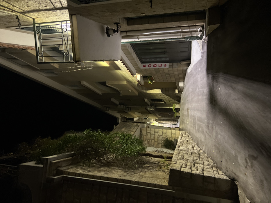 The image depicts a narrow, ascending alleyway at night in Rafailovići, Montenegro. The paved surface of the alley, likely asphalt or concrete, slopes upwards into the distance, illuminated by artificial light sources that cast long shadows on the ground, indicating illumination from overhead or the right side.
On the left, a multi-tiered stone wall, constructed from light-colored, irregular blocks, rises alongside the path. Green foliage, possibly ivy or a climbing plant, densely covers portions of this wall and extends upwards along an unseen structure behind it. Further up the alley on the left, more stone retaining walls and structures are visible, maintaining the upward slope of the terrain.
On the right, a multi-story building with light-toned, textured exterior walls (possibly stucco or stone veneer) parallels the alley. The building features several windows, some of which appear to have closed blinds or curtains, and at least two external air conditioning units. A small balcony with ornate black wrought-iron railings and a light-colored underside extends from an upper floor. Below this balcony, a black, traditional-style wall-mounted lantern is affixed to the building. A white sign with the red text "SOBE" (meaning "rooms") and a red arrow pointing right is mounted vertically on the wall near a large, grey double door, possibly a garage or service entrance. White utility pipes run vertically along the wall to the right of this sign. The building continues uphill, revealing additional architectural details such as arched recesses and balconies, all illuminated by building-mounted lights or spillover from general street lighting. The sky above is dark, indicating nighttime conditions. No individuals, vehicles, or specific actions are visible in the scene.