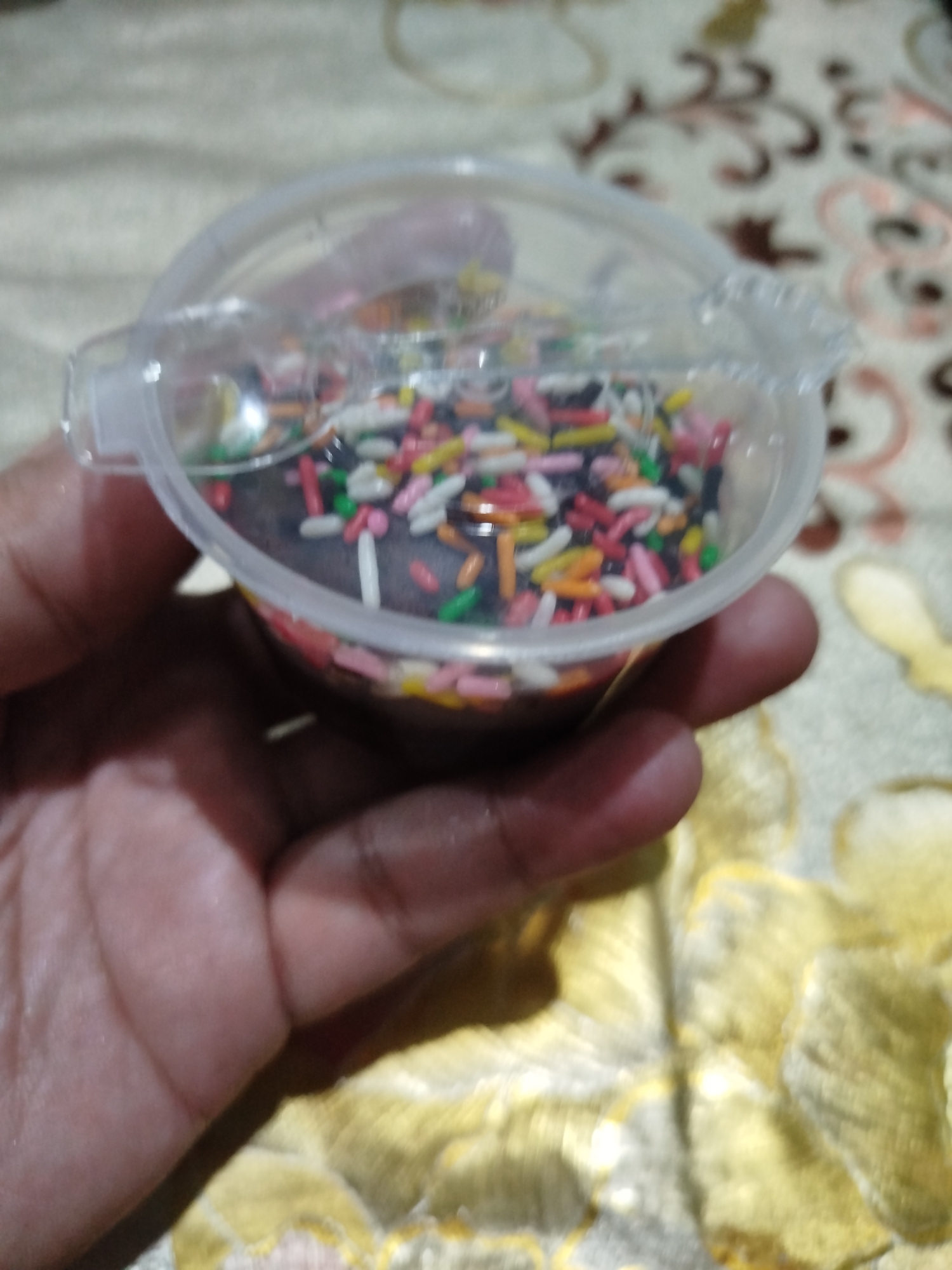 A close-up shot shows a hand holding a small, clear plastic container filled with dark brown frosting topped with colorful sprinkles. The sprinkles are an assortment of red, pink, white, yellow, green, and orange rod-shaped pieces. The container has a clear, plastic lid, partially open. The background is a blurred, textured surface with a pattern of light brown and yellow floral shapes. The scene appears to be indoors, possibly in a domestic setting in Bandungrejo, Indonesia, given the context.