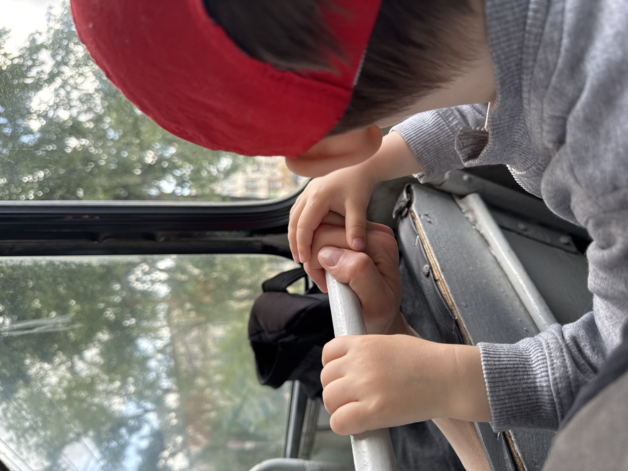 A photograph shows a child wearing a red cap and a gray sweater looking out of a window with a view of trees blurred in the background. The child's hands grip a white metal bar, and an adult hand is visible underneath, holding the same bar. A black bag is also visible behind the bar. Based on the style of the window and metal framework, it is likely the inside of a bus, tram or subway.
The location is not directly determined from the visual information provided.
