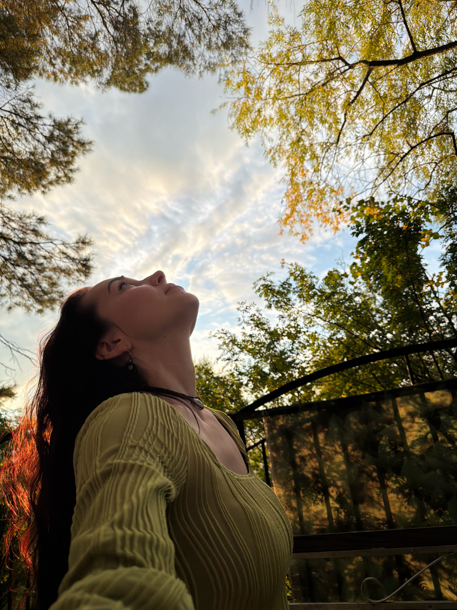 A young woman with long, dark hair, illuminated by warm, golden sunlight, gazes upwards towards a sky filled with scattered clouds and framed by the branches of trees. She is wearing a light green, textured long-sleeved shirt and a necklace. The background suggests an outdoor setting with lush greenery and a fence, possibly in a park or backyard. The scene is captured from a low angle, emphasizing the vastness of the sky and the upward gaze of the woman.