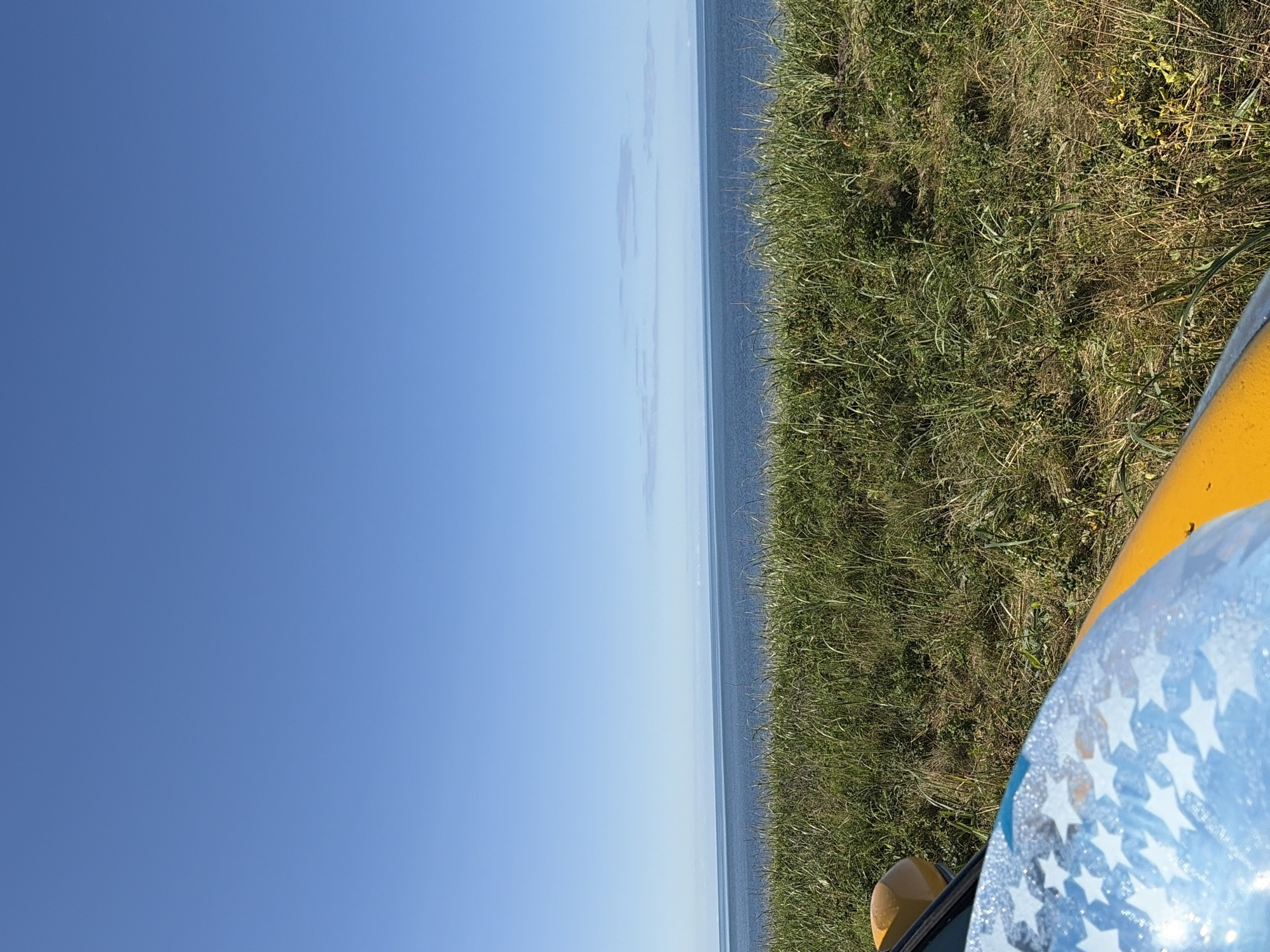 The image depicts a clear, bright day with a vast expanse of blue sky. Below the sky, a calm, deep blue ocean stretches to the horizon, where a faint line of clouds is visible. In the foreground, a dense growth of tall green grass and vegetation covers a slope. Part of a yellow object with a blue section decorated with white stars is visible in the bottom left corner of the frame, suggesting it is a vehicle or outdoor equipment. The scene appears to be a natural landscape overlooking the sea.