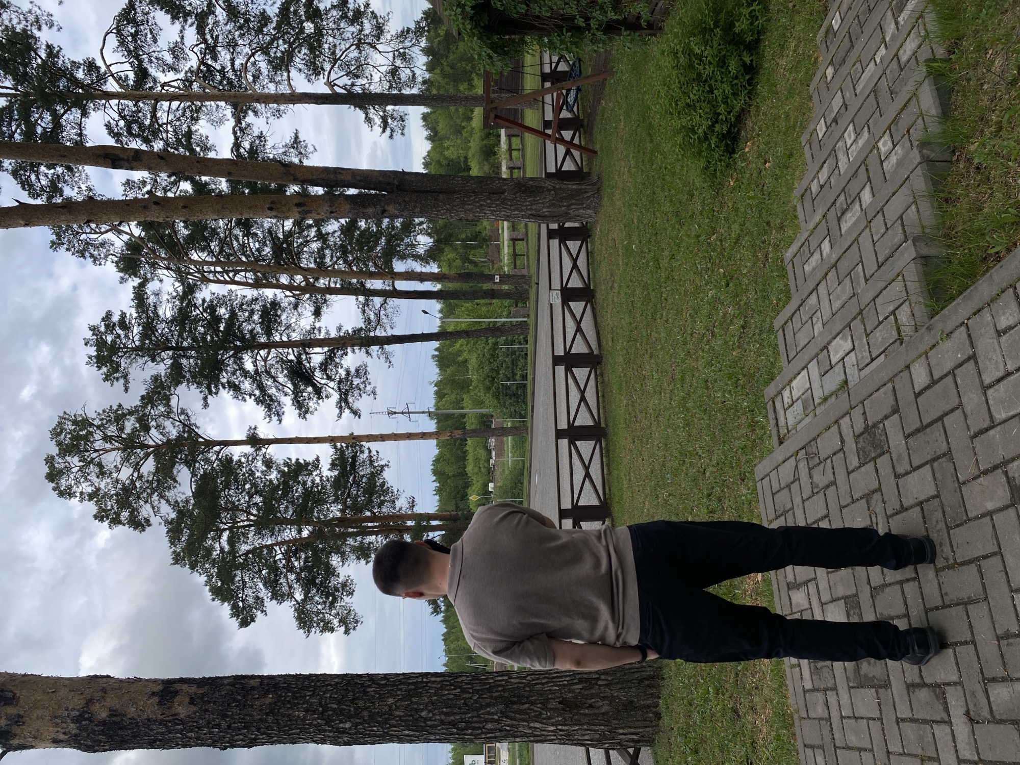 A low-angle photograph shows a man standing on a brick staircase in what appears to be a park or recreational area. The man is wearing dark trousers, black shoes, and a gray long-sleeved shirt. He is facing away from the camera, and only the back of his head and torso are visible.
Tall pine trees line a dirt path in the background with a wooden fence between the path and the lawn. Beyond the trees and fence is a glimpse of what appears to be a distant body of water or an open area. The sky is overcast.
Based on the information available, the location is Votkinsk, Russia.