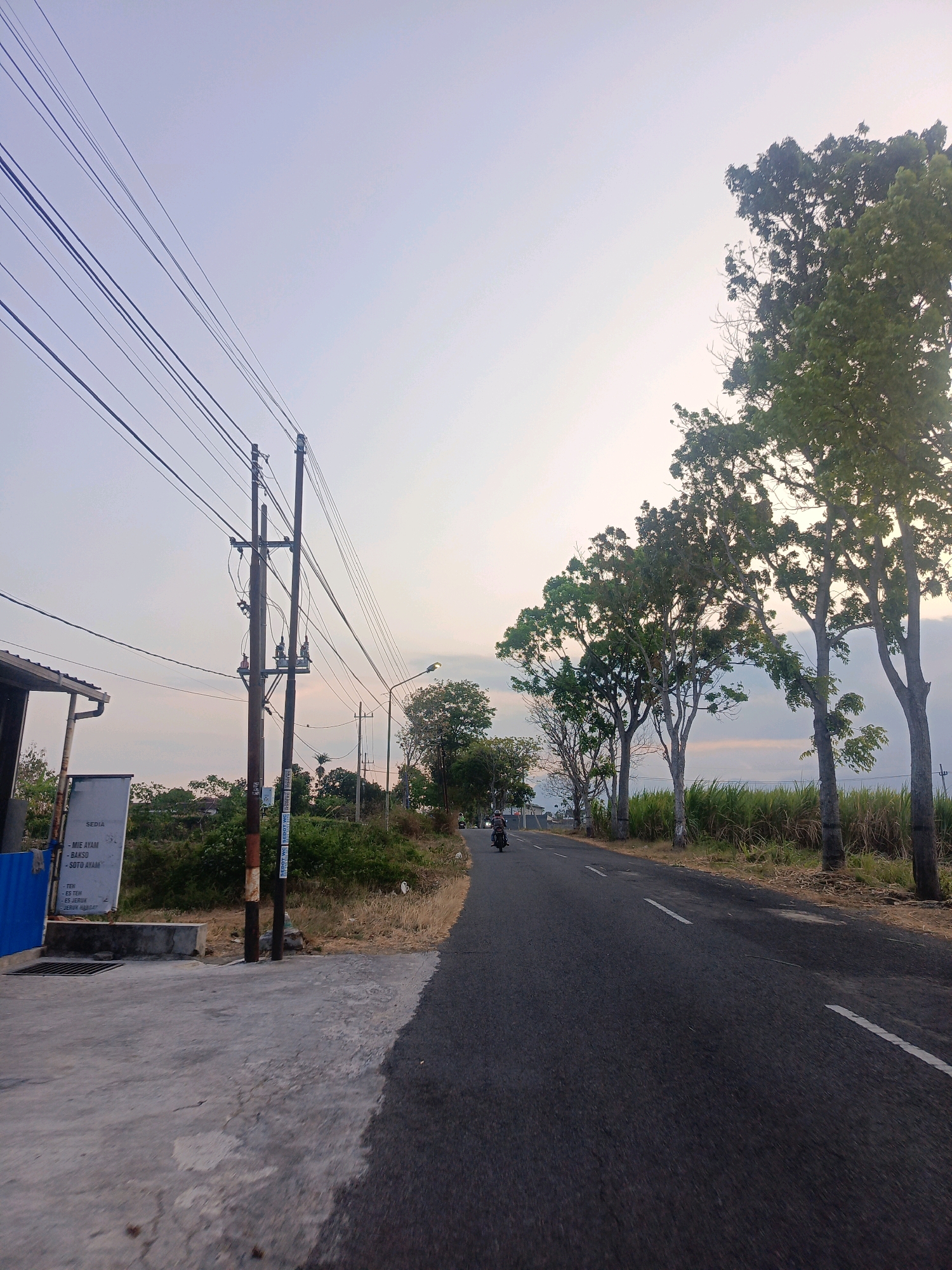 The image depicts a road scene in Sumberagung, Indonesia, with a clear sky. On the left side of the road, a blue structure, possibly a small building or shelter, is visible. Adjacent to it is a white sign with Indonesian text, listing food items like "MIE AYAM", "BAKSO", and "SOTO AYAM." A concrete pathway and a storm drain are in the foreground. A utility pole with numerous electrical wires stretches across the upper left portion of the image. Further down the road, several tall trees with green foliage line the right side, interspersed with tall grass. A single motorcycle is traveling away from the viewer on the asphalt road. The road has white dashed lines marking the lanes. The overall environment suggests a rural or semi-urban setting during daylight.