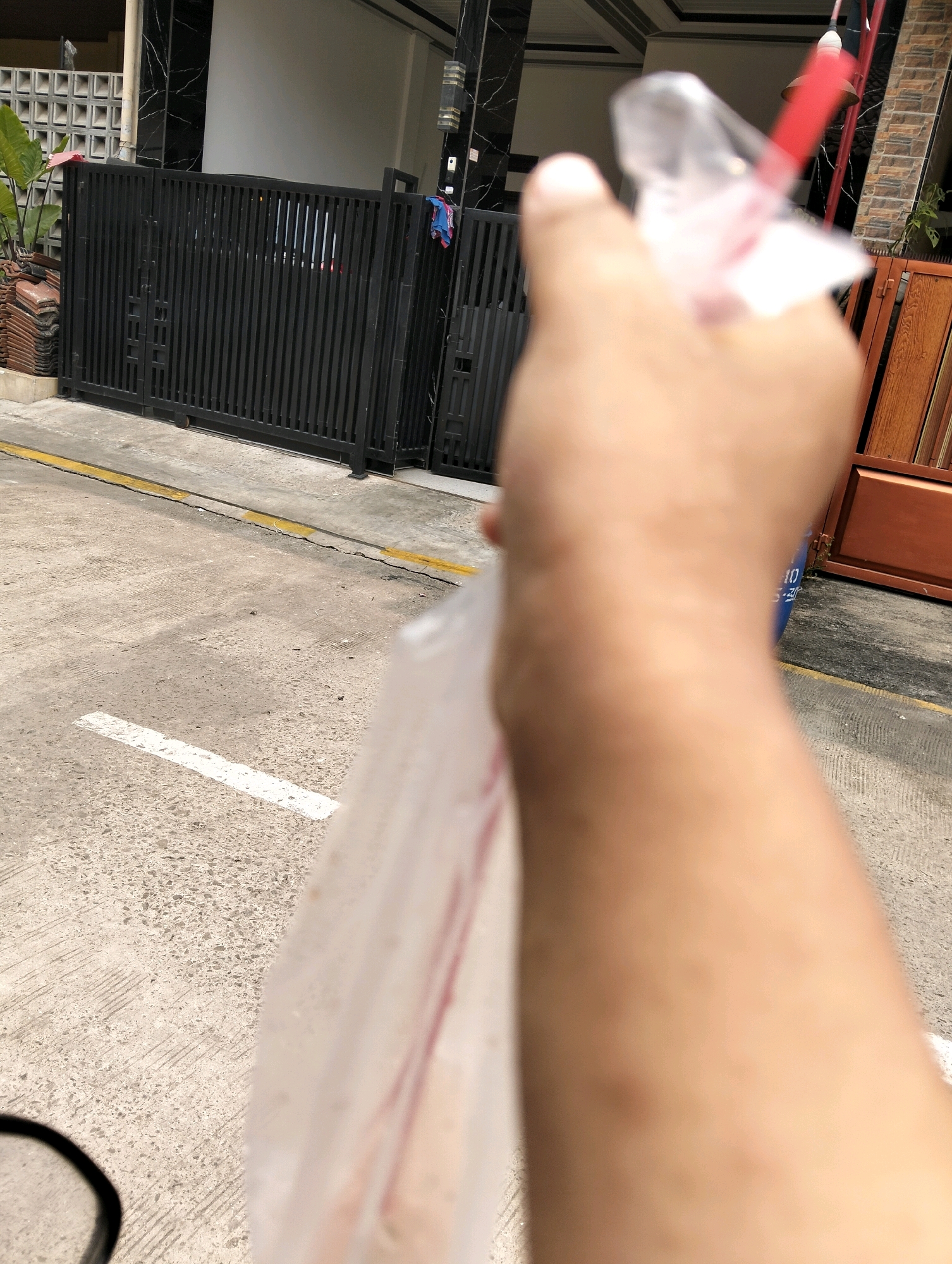 The image is a first-person perspective shot from Cileungsi, Indonesia. A hand holds a clear plastic bag containing a red and white object, possibly food or a drink with a straw, in the foreground. The background shows a black metal gate, a white wall with dark accents, and a wooden door. The ground is paved with concrete and shows a yellow line and a white painted line.