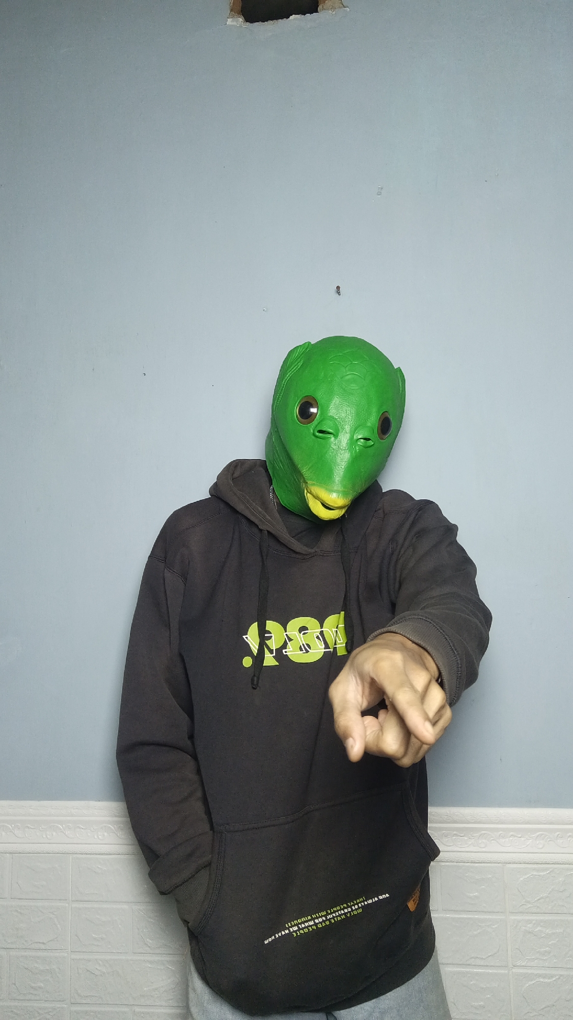 A person wearing a green dinosaur mask and a black hoodie stands against a light blue wall, with a white brick pattern on the lower section. The person is pointing towards the viewer with their right hand. The hoodie has a green graphic logo on the front. A small hole is visible in the upper section of the wall. The image is a medium shot, capturing the person from the upper torso to the waist.