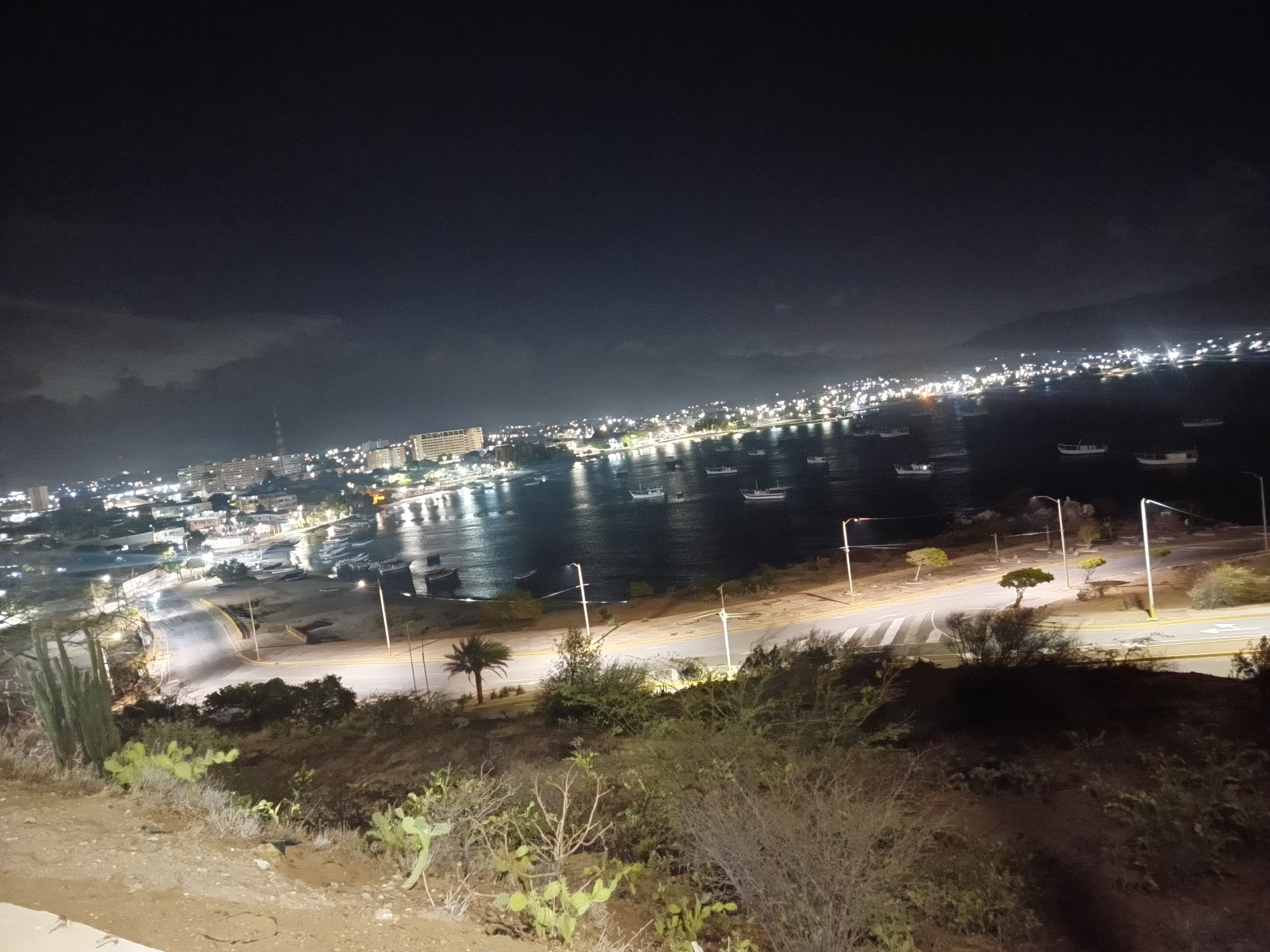 The image depicts a nighttime view of Juan Griego, Venezuela, from an elevated vantage point. In the background, the city lights illuminate the coastline and reflect on the water, where several boats are anchored. A dark mountain silhouette is visible on the right horizon. In the foreground, a hillside covered with desert vegetation is visible. A road with streetlights and crosswalks runs between the hillside and the bay.