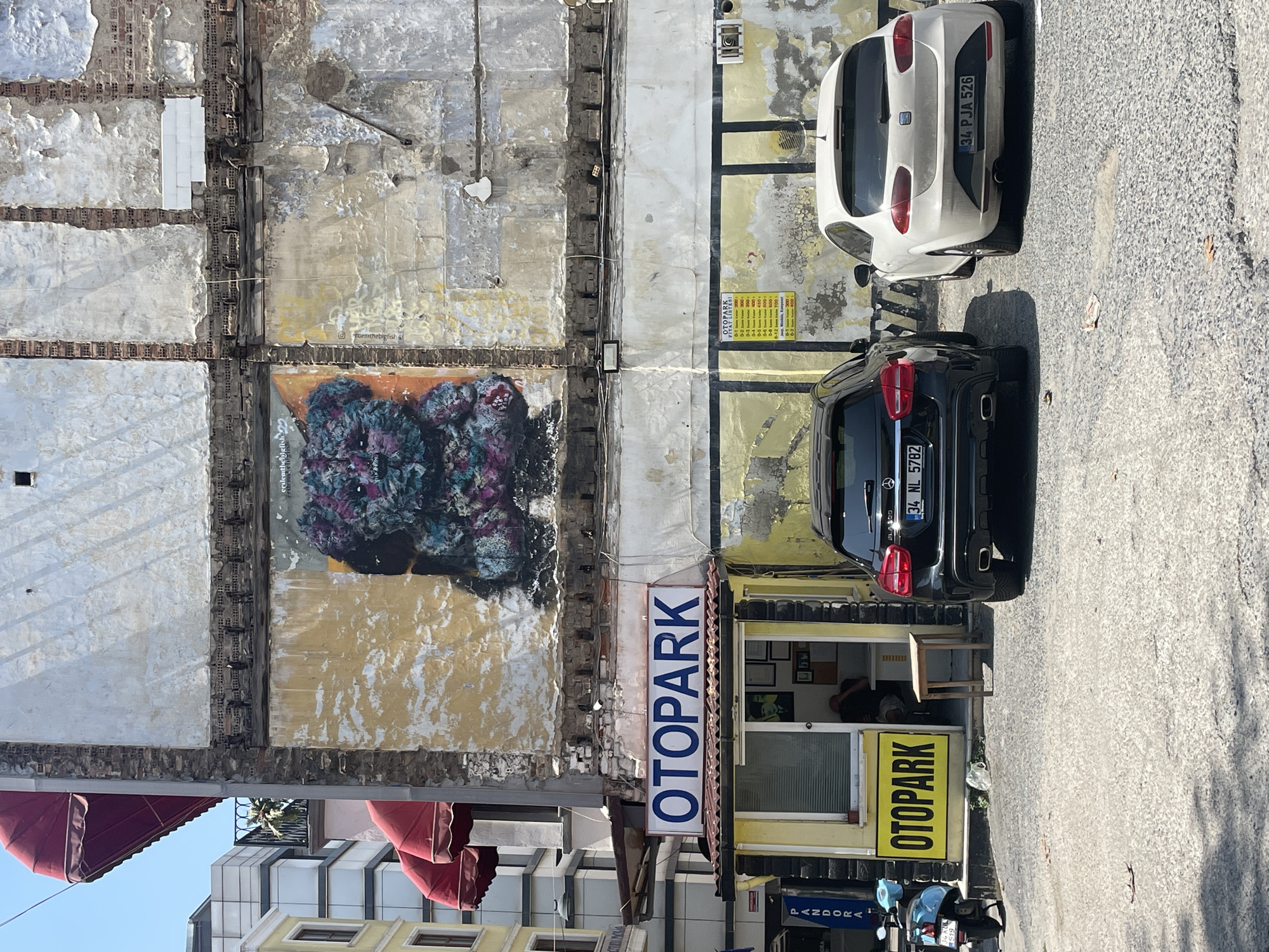 The image captures a street scene in Kadıköy, Turkey, dominated by a multi-story building with weathered walls and a large mural of a colorful, abstract teddy bear. Below the mural, a small, yellow ticket booth with a prominent "OTOPARK" sign serves as a parking attendant station for an adjacent parking lot. Two cars, a black Mercedes-Benz and a white SEAT Leon, are parked in the lot. To the left of the booth, a blue scooter is parked. The environment appears urban, with a paved ground surface and other buildings visible in the background. The lighting suggests a sunny day.