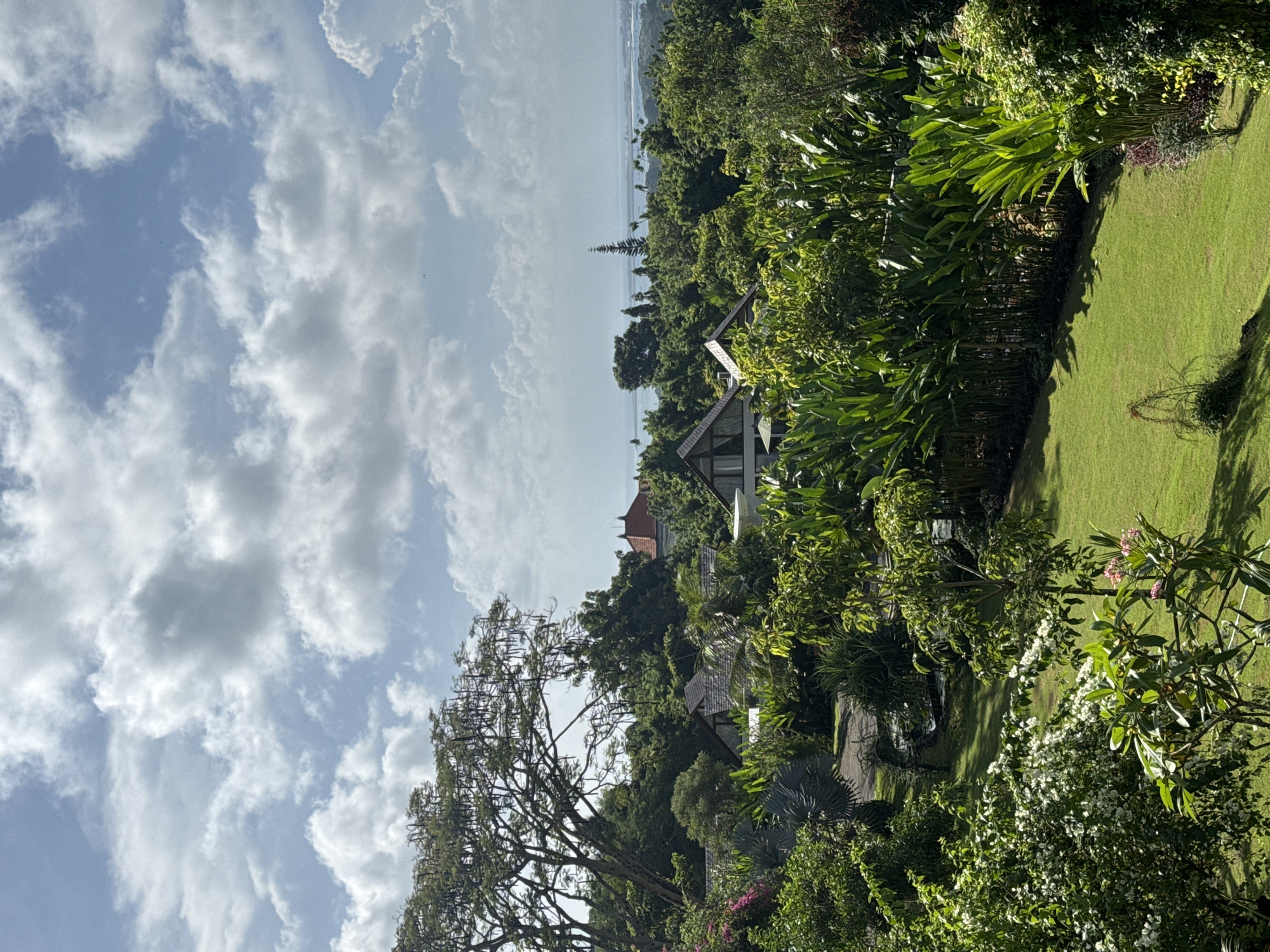 View from a slightly elevated position showing a lush landscape with buildings nestled within, potentially in Kuta Selatan, Indonesia. The sky is partly cloudy with scattered cumulus formations. In the distance, a body of water is visible. The foreground features a variety of trees and vegetation, including flowering shrubs. Some buildings with distinct roofs are visible among the trees. A patch of manicured lawn is also present. A road or path winds through the vegetation.