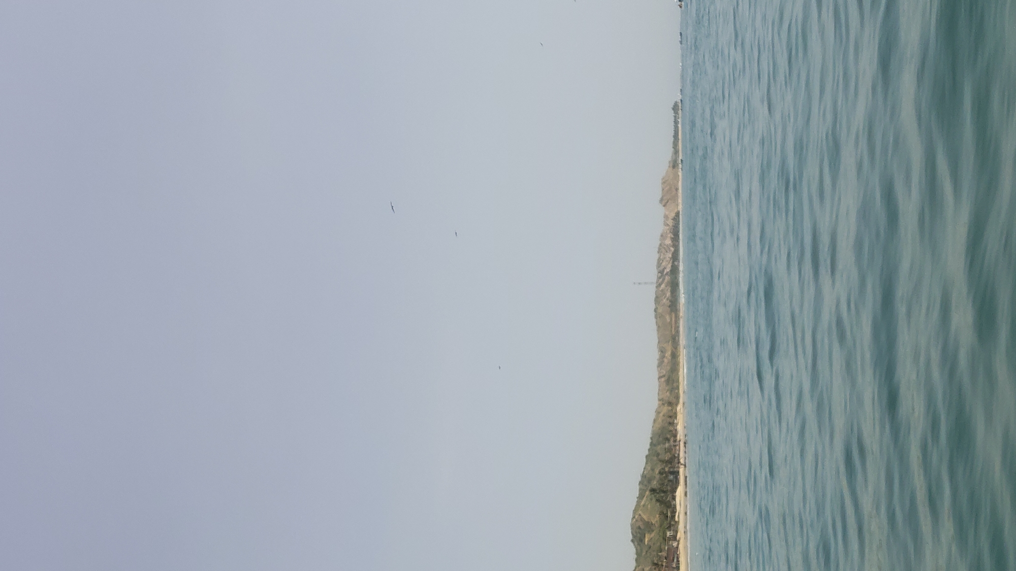 The image depicts a coastline, likely in Cancas, Peru, as indicated in the prompt. The right side of the image features a body of water, possibly the Pacific Ocean, characterized by small waves and a greenish-blue hue. To the left of the water is a coastline with a sandy beach and some vegetation covering small hills. The sky occupies the majority of the left side, displaying a pale blue color with a few birds visible. A tall tower-like structure is present on the coastline. The overall atmosphere suggests a bright, clear day.
