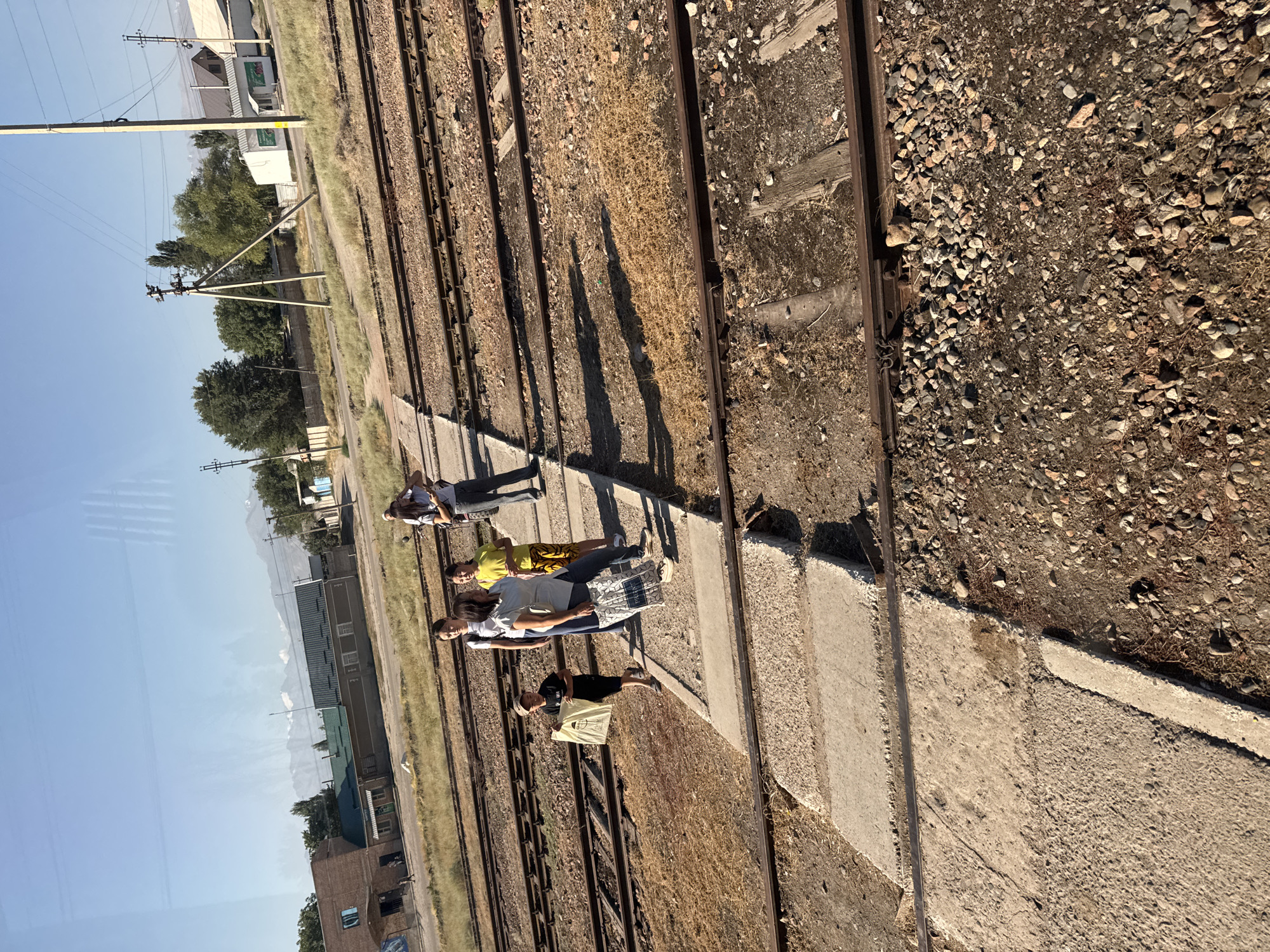 A group of people stand on a concrete platform next to train tracks under a clear blue sky. In the foreground, train tracks run parallel to each other. The ground surrounding the tracks is covered in gravel and dry grass.
A young boy, wearing a black t-shirt and shorts, walks on the platform holding a light-colored plastic bag. To his right, a woman in a white shirt and dark pants, carrying a patterned tote bag, stands with her back to the camera. Next to her, a woman in a yellow t-shirt and patterned shorts looks to her left. Behind them, another woman in a white t-shirt and dark pants stands, with her hand on her head. A fifth person, wearing a white t-shirt and jeans, stands further back and to the right.
In the background, there are various buildings, including a brick building with a green roof and a white building with a sign. Trees are visible, and in the distance, snow-capped mountains can be seen. Telephone poles with wires are also present. The scene appears to be a rural or semi-urban train station in Ivanovka, Kyrgyzstan. The lighting suggests it is daytime, likely morning or afternoon.