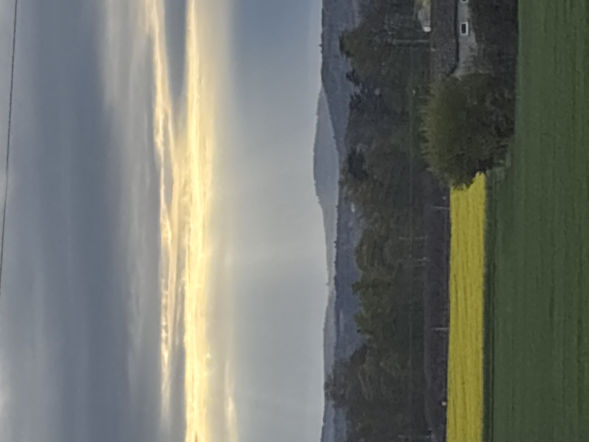 The image depicts a landscape in La Chapelle-de-Guinchay, France. The sky is cloudy with sunlight breaking through in bands. In the foreground is a field of green with a strip of yellow flowers to the left. Beyond the field are trees and a few buildings. In the distance, a blurry mountain range is visible. Power lines are visible on the left.