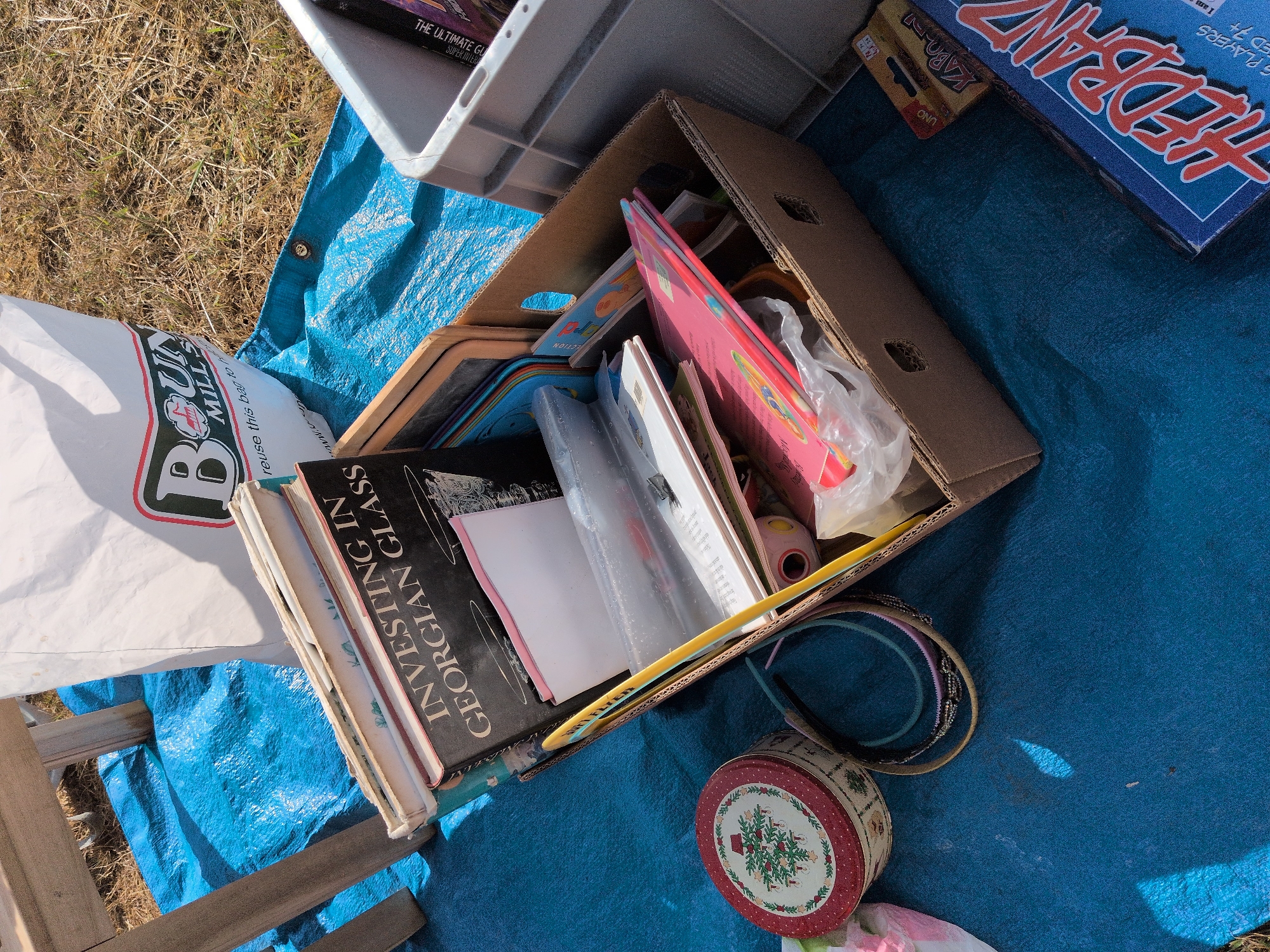 In South Staffordshire, United Kingdom, a brown cardboard box overflows with various items, predominantly books, positioned on a bright blue tarp spread across dry, grassy ground. The box is packed tightly, with several book spines visible, including one that reads "INVESTING IN GEORGIAN GLASS." Other items in the box include what appear to be children's books with colorful covers and some plastic-wrapped contents. To the left of the box, a round, decorative tin with a Christmas tree motif sits next to a collection of headbands. To the right of the box, a white plastic crate holds more books, with a spine visible that says "THE ULTIMATE GUIDE." In the background, a white bag with a red and green logo, reading "BOUN MILL'S" and "reuse this bag to," is also present on the tarp. The overall scene suggests an outdoor sale or a collection of items being sorted, possibly at a car boot sale or flea market, under a clear, sunny sky casting shadows.