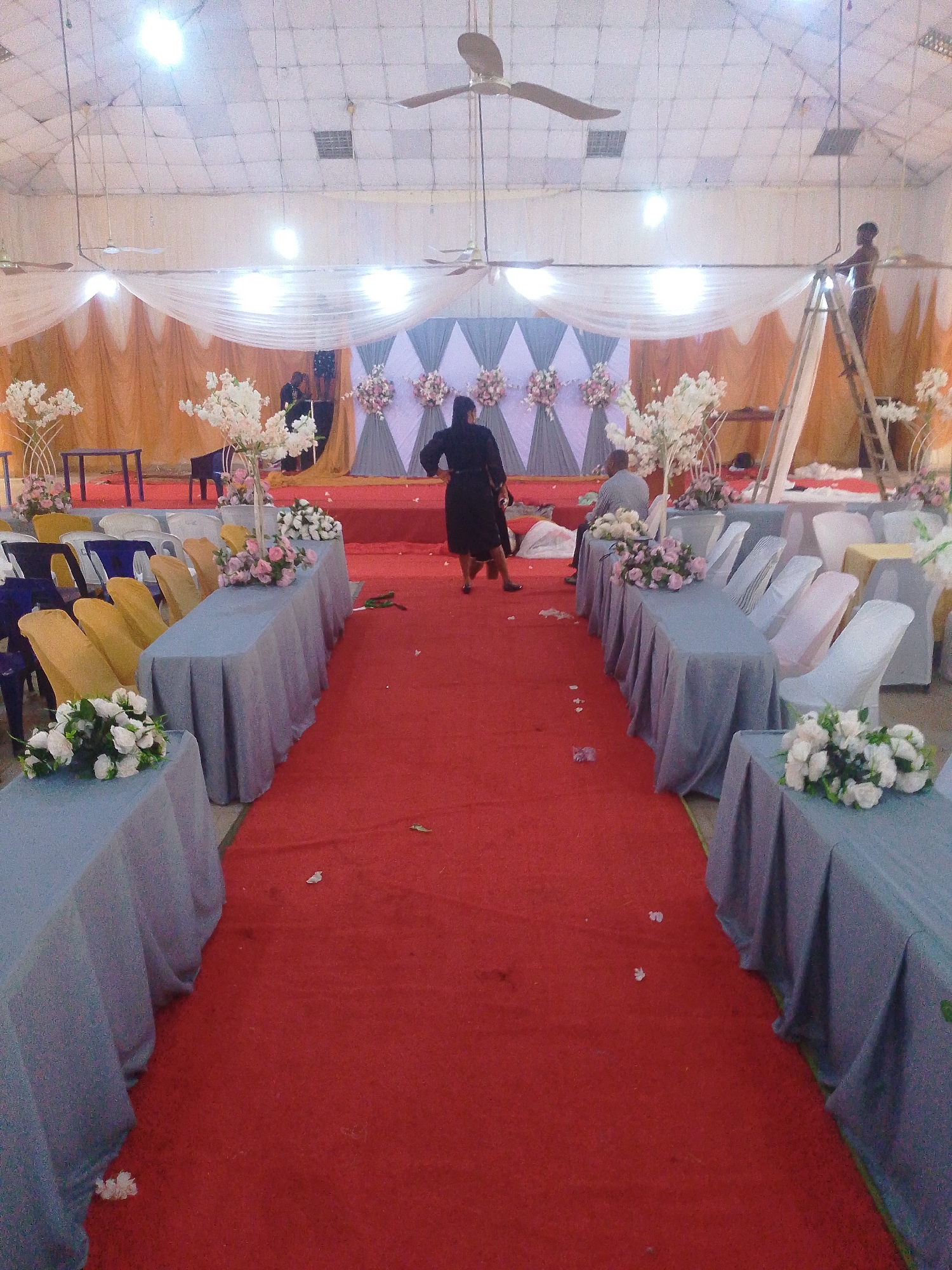 The image depicts the interior of a large, open hall, likely a venue for an event, possibly a wedding or reception. The ceiling features exposed beams and several large ceiling fans. The walls are draped with white and gold fabric, and there is a backdrop of triangular fabric panels in grey and white, adorned with floral arrangements.
A red carpet runs down the center of the hall, leading towards the backdrop. On either side of the carpet are rows of tables covered with light blue cloths. White chairs, some with blue sashes, are arranged around the tables. Floral centerpieces, consisting of white and pink flowers, are placed on the tables.
In the mid-ground, a woman in a black dress is walking away from the camera, down the red carpet. Further back, a man is seated at one of the tables. To the right, a person is standing on a ladder, attending to the fabric draping near the backdrop. Scattered white petals are visible on the red carpet and near the tables. The overall scene suggests preparation or the early stages of an event. The location is identified as Unknown, Unknown.