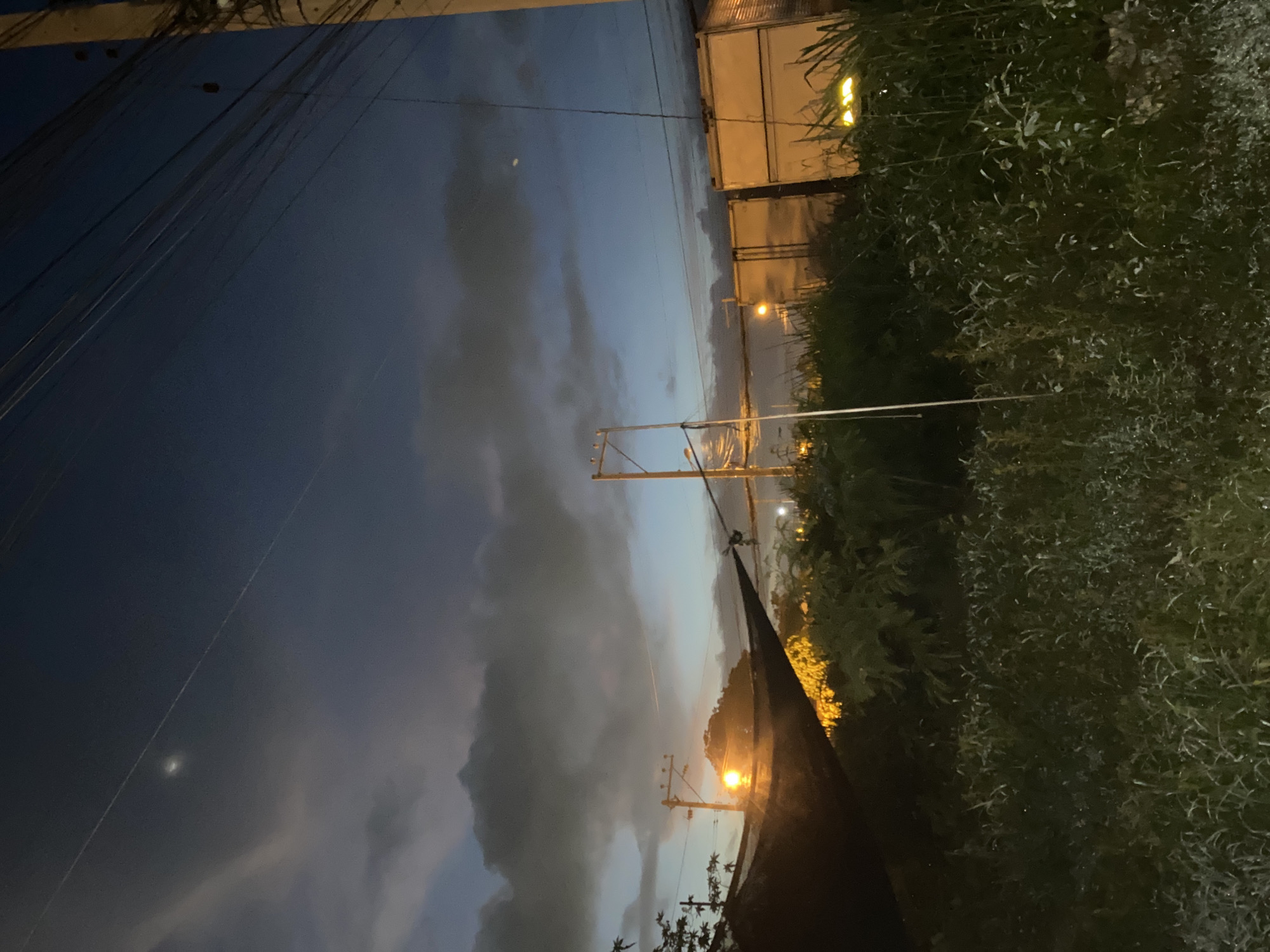 This image depicts an outdoor scene at dusk or early night. The sky is a gradient of deep blue to lighter blues and greys, with scattered clouds. There are visible power lines and utility poles, suggesting an urban or semi-urban environment. A street light is illuminated, casting a warm glow on the surroundings. In the foreground, there is dense vegetation, appearing as tall grass and leafy plants, some of which are lit by artificial light. In the middle ground, there are some structures, possibly shipping containers or modular buildings, also illuminated. The overall impression is one of a somewhat unkempt or developing area on the outskirts of a city. While the image does not definitively place it in Davao City, Philippines, the presence of dense vegetation and utility infrastructure is consistent with such a location. No people are visible in the image.