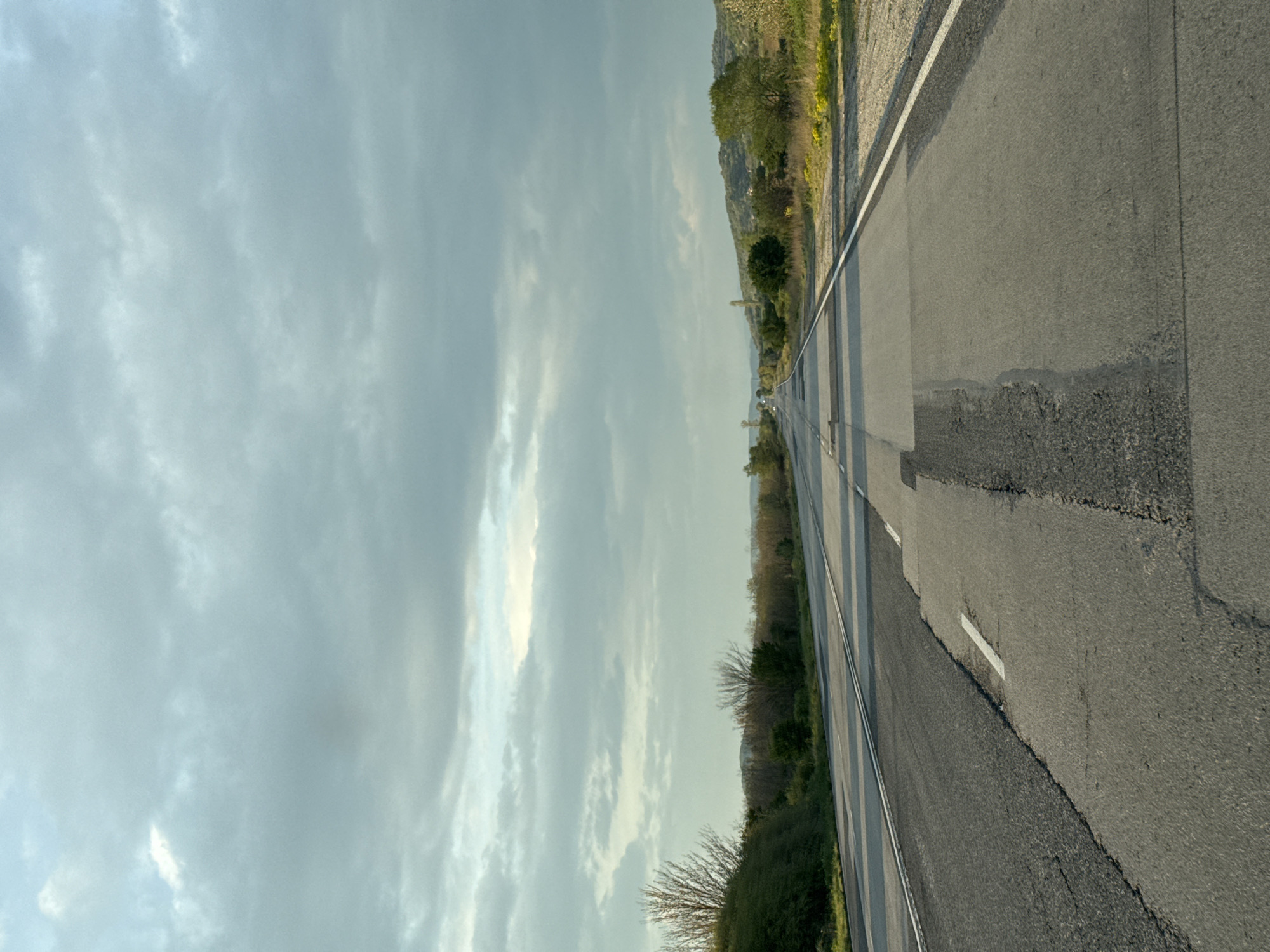 The image displays a long, straight asphalt road stretching into the distance under a cloudy sky, captured from a slightly elevated perspective.
**Subjects:** The primary subject is the two-lane road, which occupies the right half of the frame. It features a solid white line on its right edge and another set of lines (possibly double solid or solid and dashed) dividing the two directions of traffic further to the left. The road surface shows signs of wear, including patches, cracks, and variations in texture. Flanking the road on both sides is natural vegetation. To the immediate left of the road, there's a strip of green grass and bushes, leading up to distant hills or mountains covered in trees and light green foliage. On the right side, beyond the white line, there's a wider expanse of unkempt grass, bushes, and trees, some appearing deciduous and bare, others leafy. The left half of the image is dominated by the sky, filled with light grey and white clouds, with brighter areas indicating diffused sunlight.
**Activity or event taking place:** No specific activity or event is visible. The road is empty of vehicles or people, suggesting a tranquil and static landscape scene.
**Notable details:** The soft, diffused lighting and the presence of extensive clouds suggest the time of day is either early morning or late afternoon, under overcast or partly cloudy weather conditions. The setting is rural or semi-rural, characterized by the expansive natural landscape and the quiet road. The location context provided indicates this is a road in Boboshevo, Bulgaria. The scene evokes a sense of journey, quietness, and openness.
**Visible text:** There is no visible text within the image.