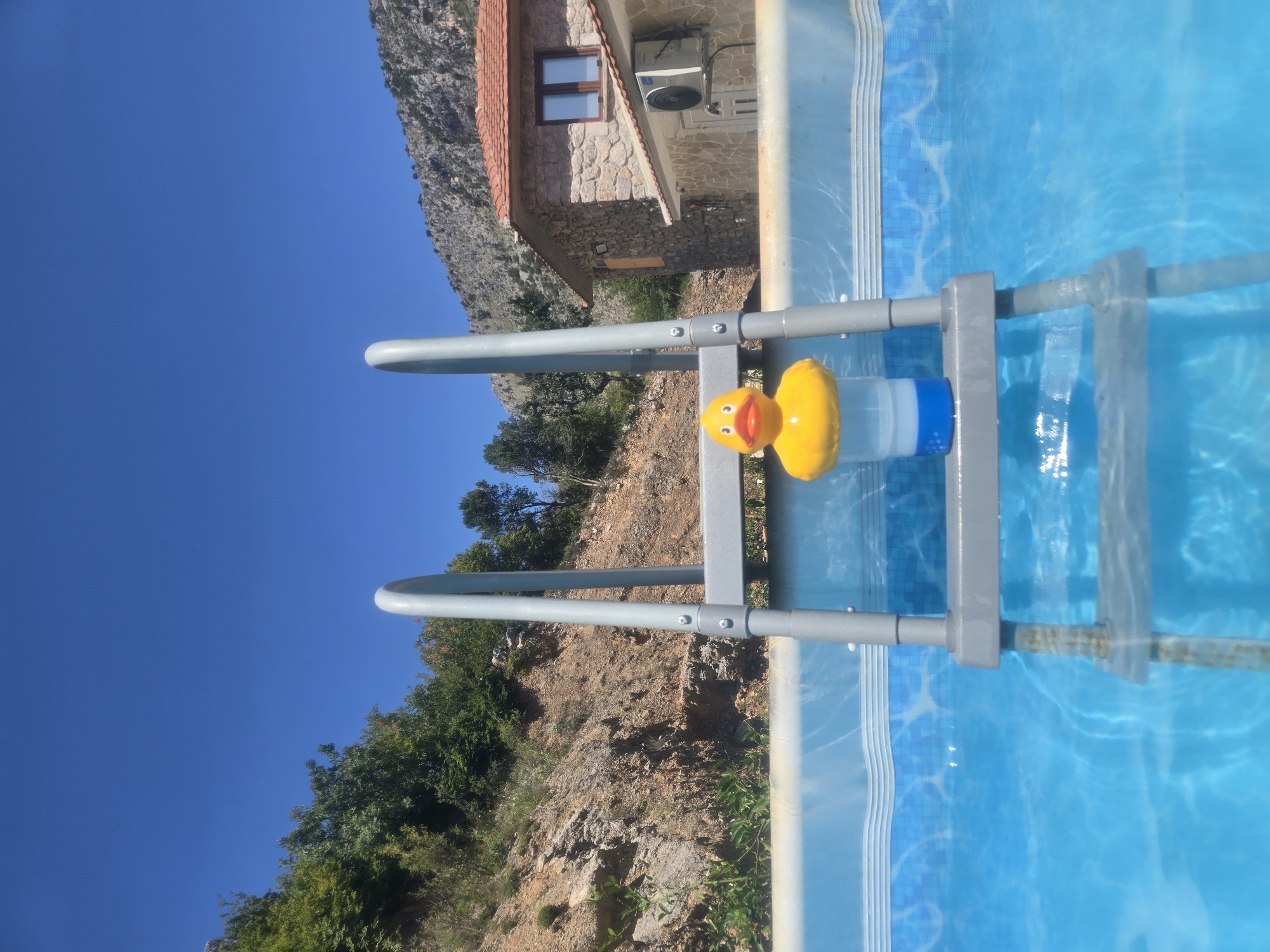 A rubber duck floats on the surface of a bright blue swimming pool. The pool is surrounded by a rocky, mountainous landscape with sparse green vegetation and trees. In the background, a stone house with a red tile roof is visible. A metal ladder for the pool is positioned in the foreground, partially submerged in the water. The sky is a clear, vibrant blue.