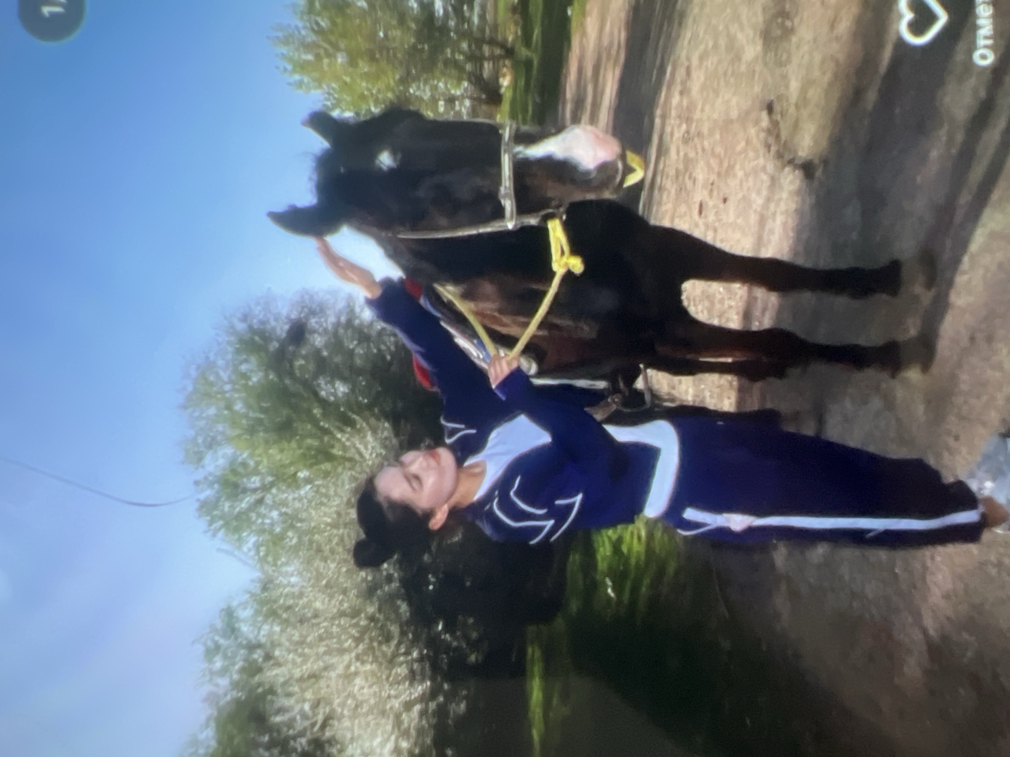 In the city of Kara-Dıykan, Kyrgyzstan, a young woman with her hair in a bun is standing next to a dark-colored horse. She is wearing a blue athletic jacket with white trim and matching blue sweatpants with white stripes, along with white athletic shoes. Her right hand is gently placed on the horse's head, while her left hand is near the horse's neck, holding onto a yellow rope halter. The horse has a white blaze on its face and a pink muzzle. They are positioned outdoors on a dirt path, with trees and foliage in the background. The sky is clear and blue. The scene suggests a moment of connection between the woman and the horse, possibly during an outdoor activity.