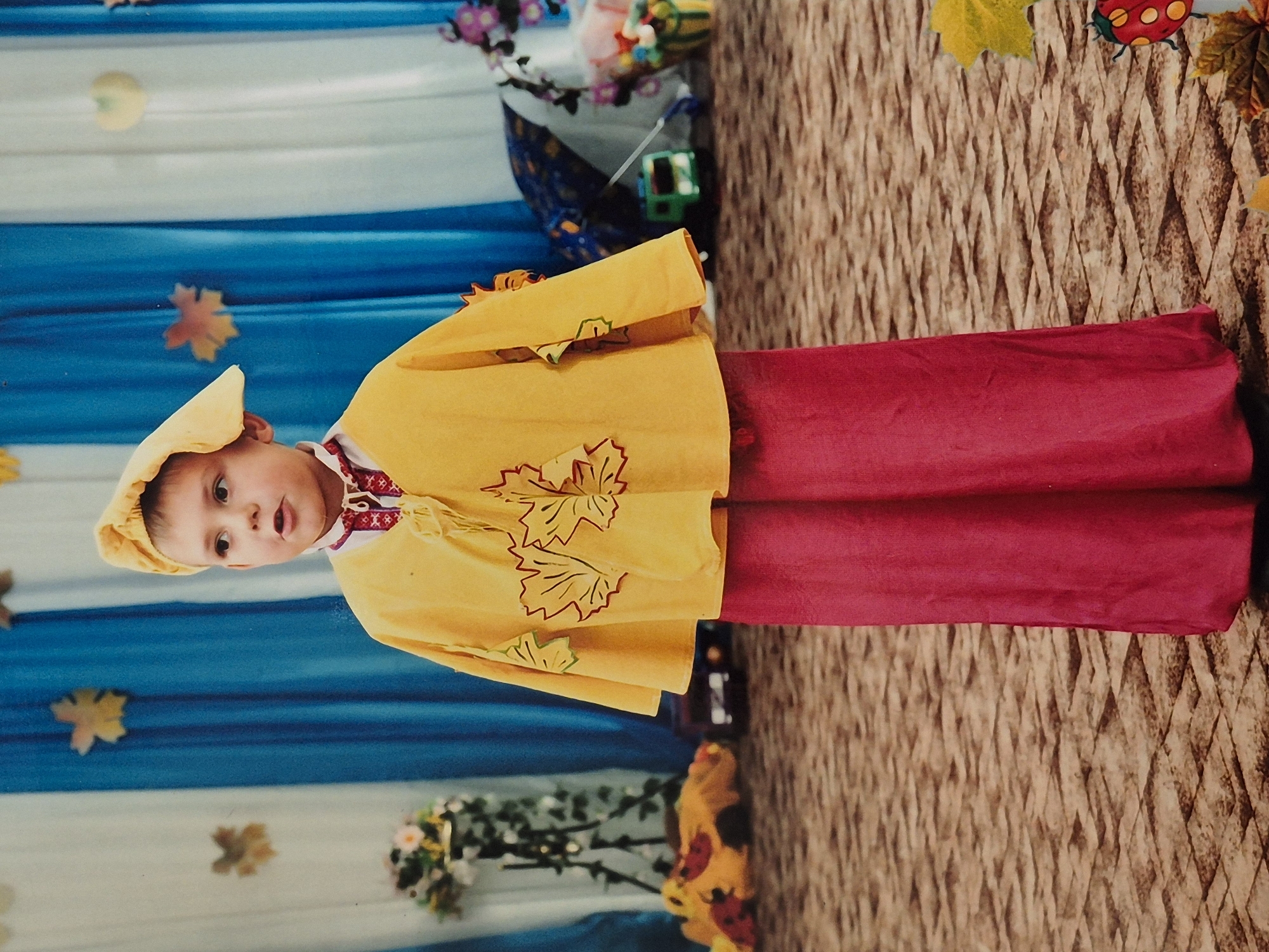 A young boy, appearing to be around 5-7 years old, stands centered in the frame, wearing a yellow poncho-like garment with red leaf appliqués and a yellow hat. The poncho is worn over a white shirt with red embroidery around the neckline. He is also wearing long, bright pink pants. His facial expression is neutral, with his mouth slightly open.
The background consists of a stage set with blue and white striped curtains adorned with artificial autumn leaves. To the left, a floral arrangement on a stand is partially visible, along with a yellow fabric draped on the floor with red ladybug-like shapes. In the background, on the right side of the stage, are other props including a blue umbrella, a green toy truck, and a colorful basket of flowers. The floor of the stage is textured, resembling paving stones.
The image does not provide any information that would allow for its location to be identified within the city of Schwäbisch Gmünd, Germany.
