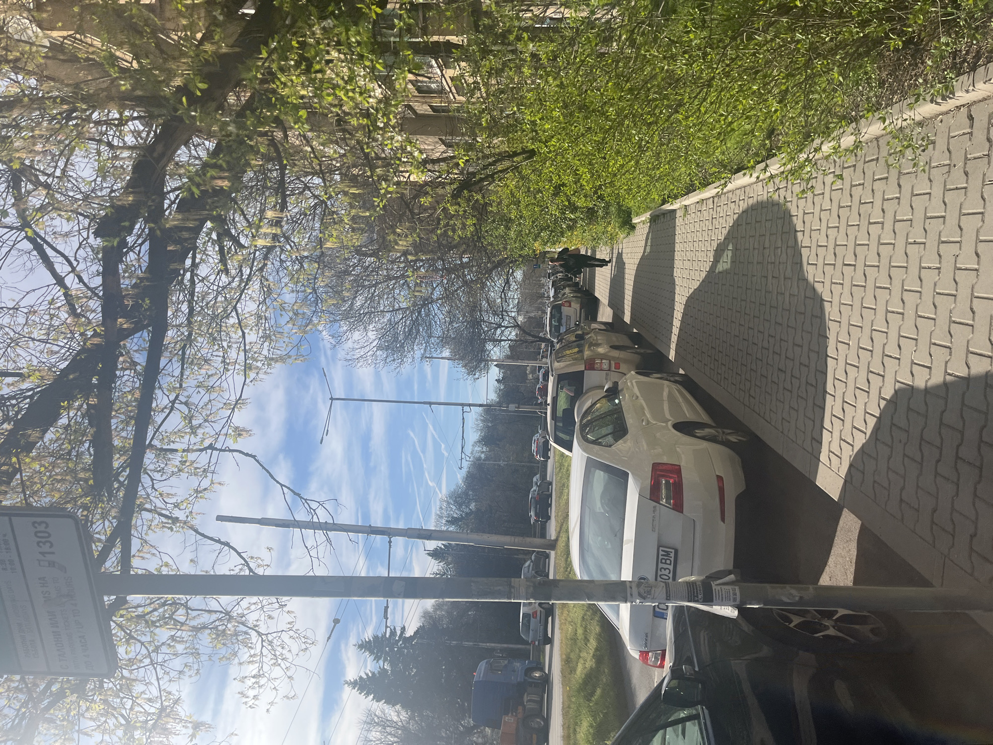 The image depicts a street in Sofia, Bulgaria, with several cars parked along the sidewalk. The license plate "1303 BM" is visible on one of the vehicles. A signpost with parking regulations is also visible. A sidewalk extends along the right side of the frame, showing a pedestrian walking. Above, there is a mix of trees and buildings, and the sky is partly cloudy.