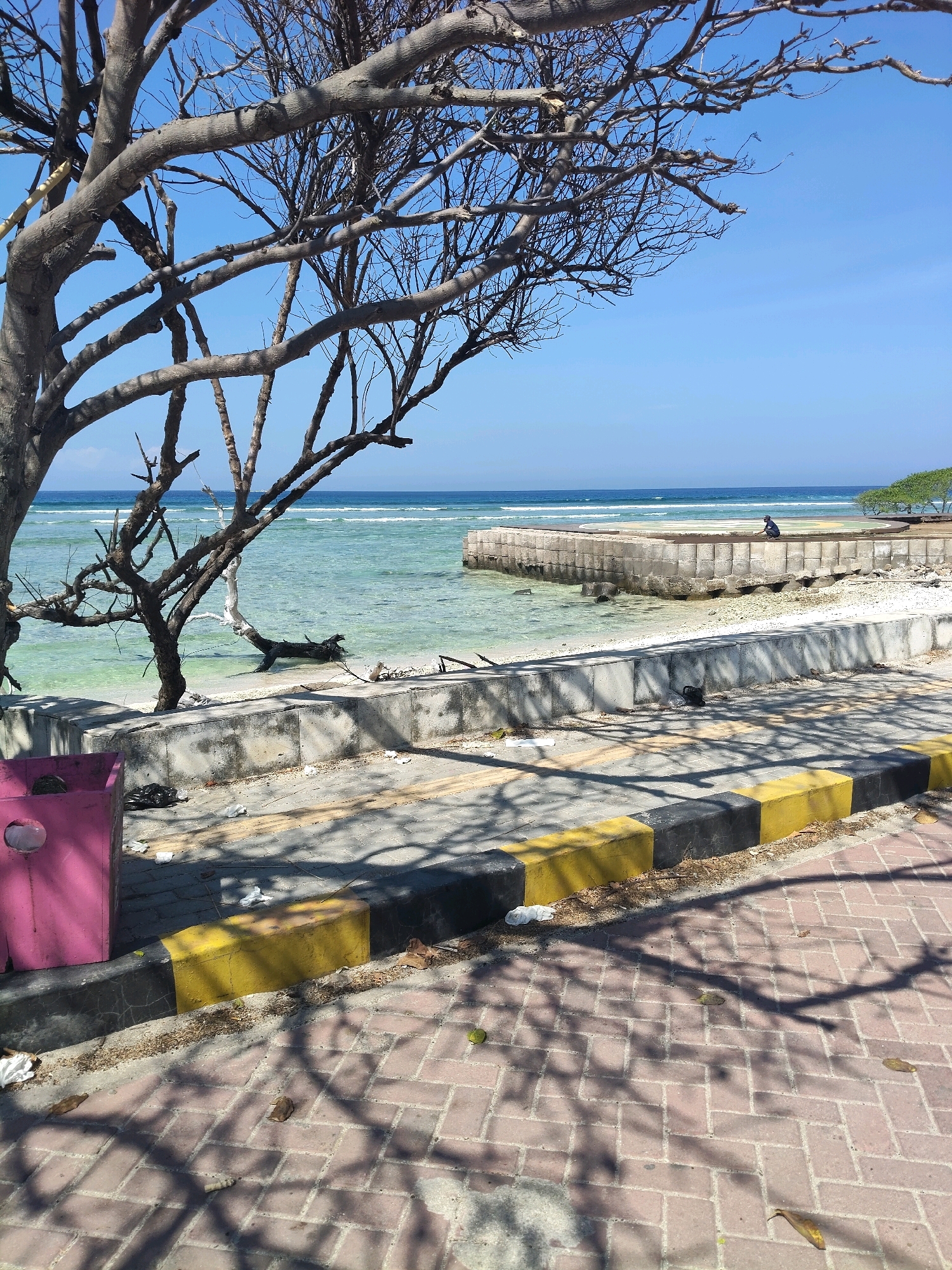 This image depicts a seaside scene in Tanjung, Indonesia, on a clear, sunny day. In the foreground, a pink trash bin is visible on the left, with debris scattered around it and on the brick-patterned sidewalk. The sidewalk is bordered by a curb painted with yellow and black stripes. The shadow of a tree with sparse branches falls across the sidewalk and the curb. Beyond the sidewalk is a concrete wall, and behind that, a sandy area with some scattered debris. The sea is a vibrant turquoise, with gentle waves. A concrete pier extends into the water, and on the pier, a solitary figure, likely a person, is seated. The horizon shows the blue sea meeting the blue sky.