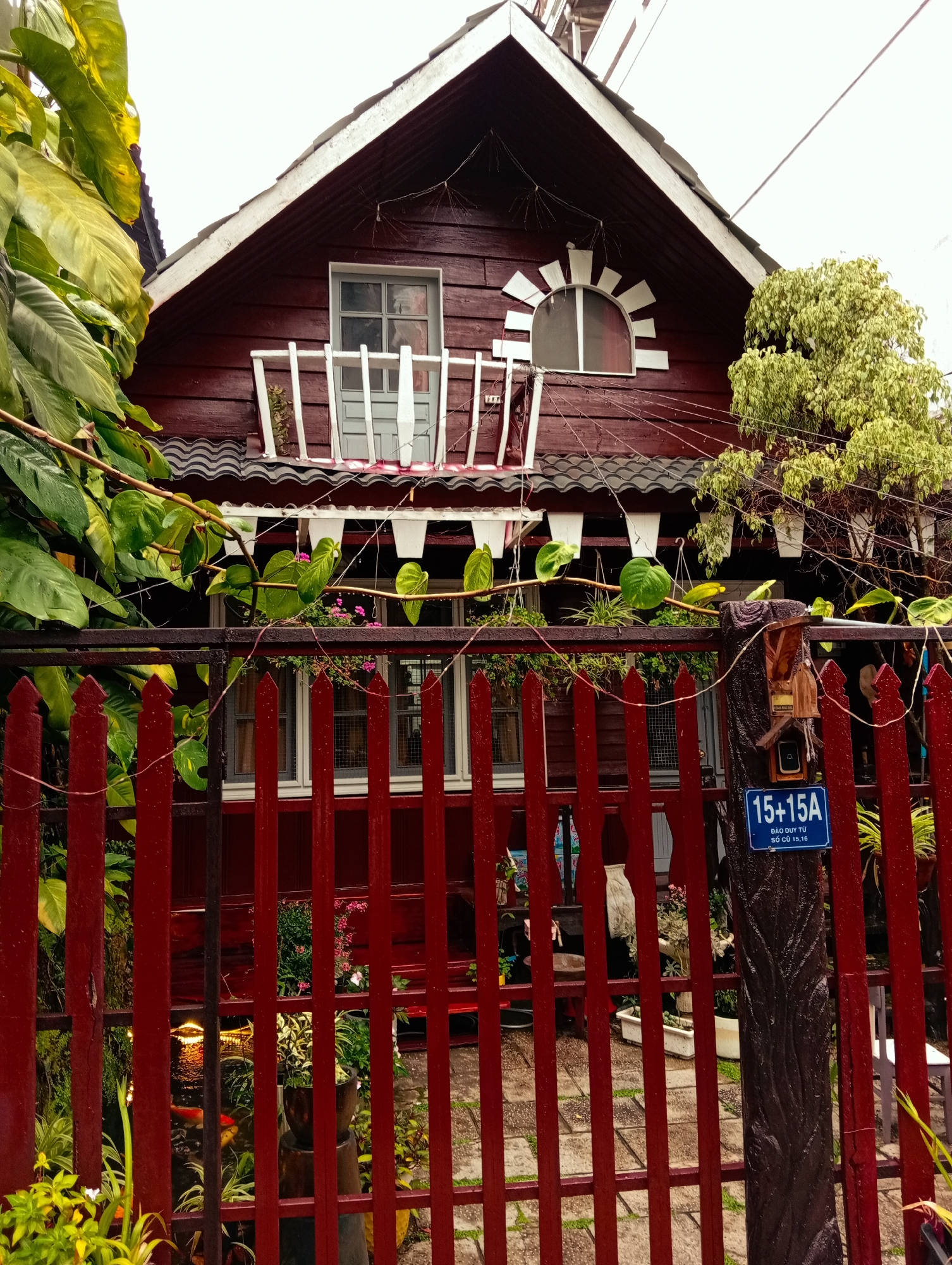 The image captures a vibrant and picturesque house exterior, dominated by a deep red wooden facade and a contrasting red picket fence in the foreground. The house, likely a residence or guesthouse, exhibits a rustic cabin-like aesthetic with a dark, steeply pitched roof and white trim detailing along the eaves and window frames.
On the upper level, a grey-framed window is fronted by a small white-railed balcony. To its right, a distinctive arched window is framed by white, fan-shaped decorative elements. Lush green foliage, including large broad leaves on the left and climbing vines with heart-shaped leaves draped over the fence, envelops parts of the house and fence. Small white planters hang beneath the roof overhang, and a light green leafy tree is visible on the right side of the house.
The red picket fence allows glimpses into the property, revealing a paved area, various potted plants, and bright pink flowers. A particularly charming detail is a small, illuminated pond visible through the fence slats, home to colorful orange and red koi fish. A decorative wooden birdhouse-like object hangs near the fence post.
No people or specific activities are depicted, portraying a tranquil and static scene. The lighting suggests an overcast or cloudy daytime, with a bright, diffused sky. The overall impression is one of coziness and charm.
A blue rectangular sign is affixed to a dark, textured post integrated into the fence. The text on the sign reads:
"15+15A"
"ĐÀO DUY TỪ"
"SỐ CŨ 15,16"
The street name "ĐÀO DUY TỪ" on the sign confirms the location to be in Da Lat, Vietnam, aligning with the provided context.
