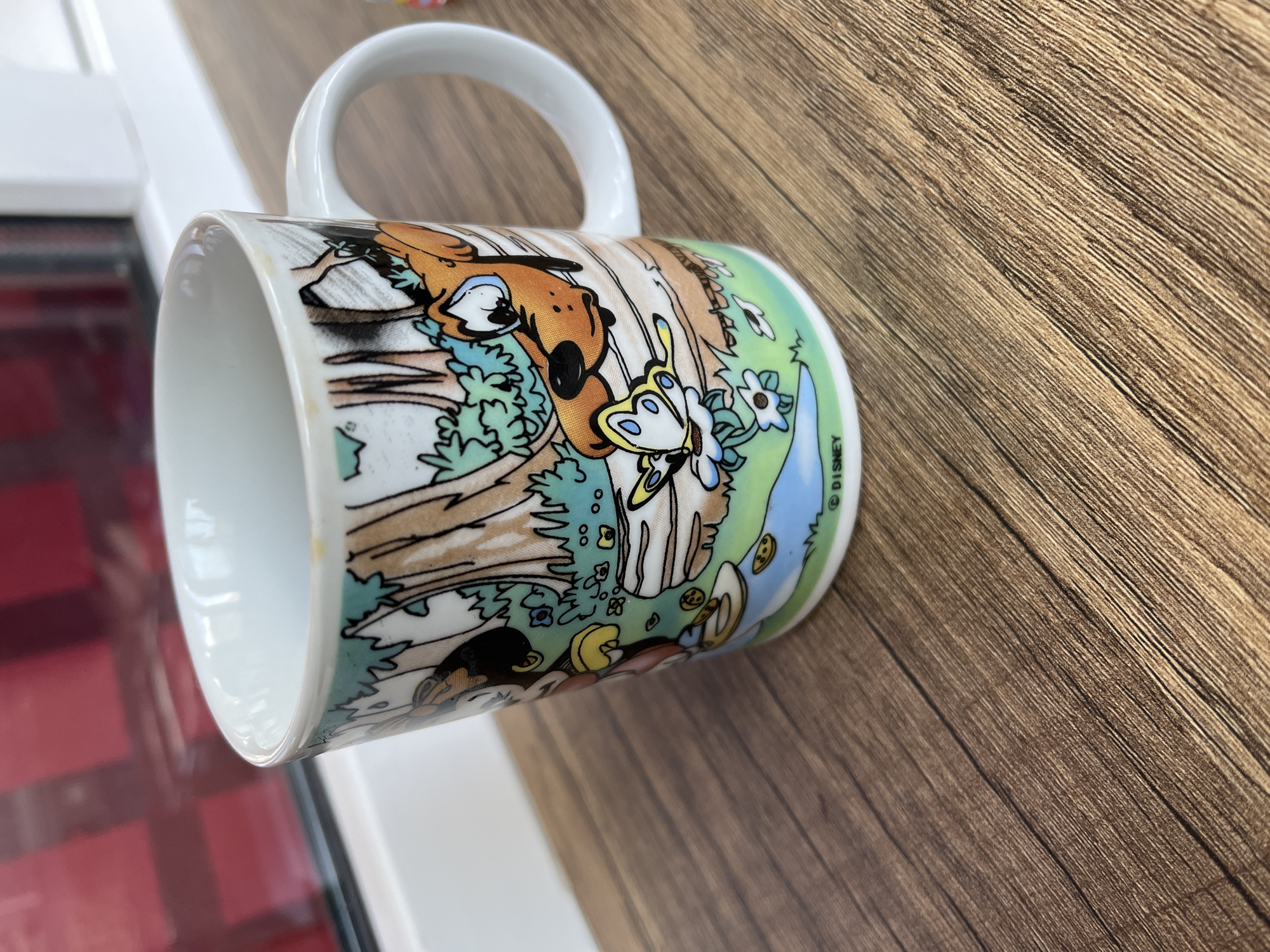 A ceramic mug with a white handle and exterior is sitting on a wood-grain surface. The mug's design features illustrations of Disney characters, possibly from Bambi, including a deer, a butterfly, and other elements from a woodland scene. The mug has "© DISNEY" printed on it. The background includes a glimpse of what appears to be a window and possibly a part of a building or room with red tiles or bricks visible through the window. The image does not provide enough context to determine a specific location in Dobrich, Bulgaria.