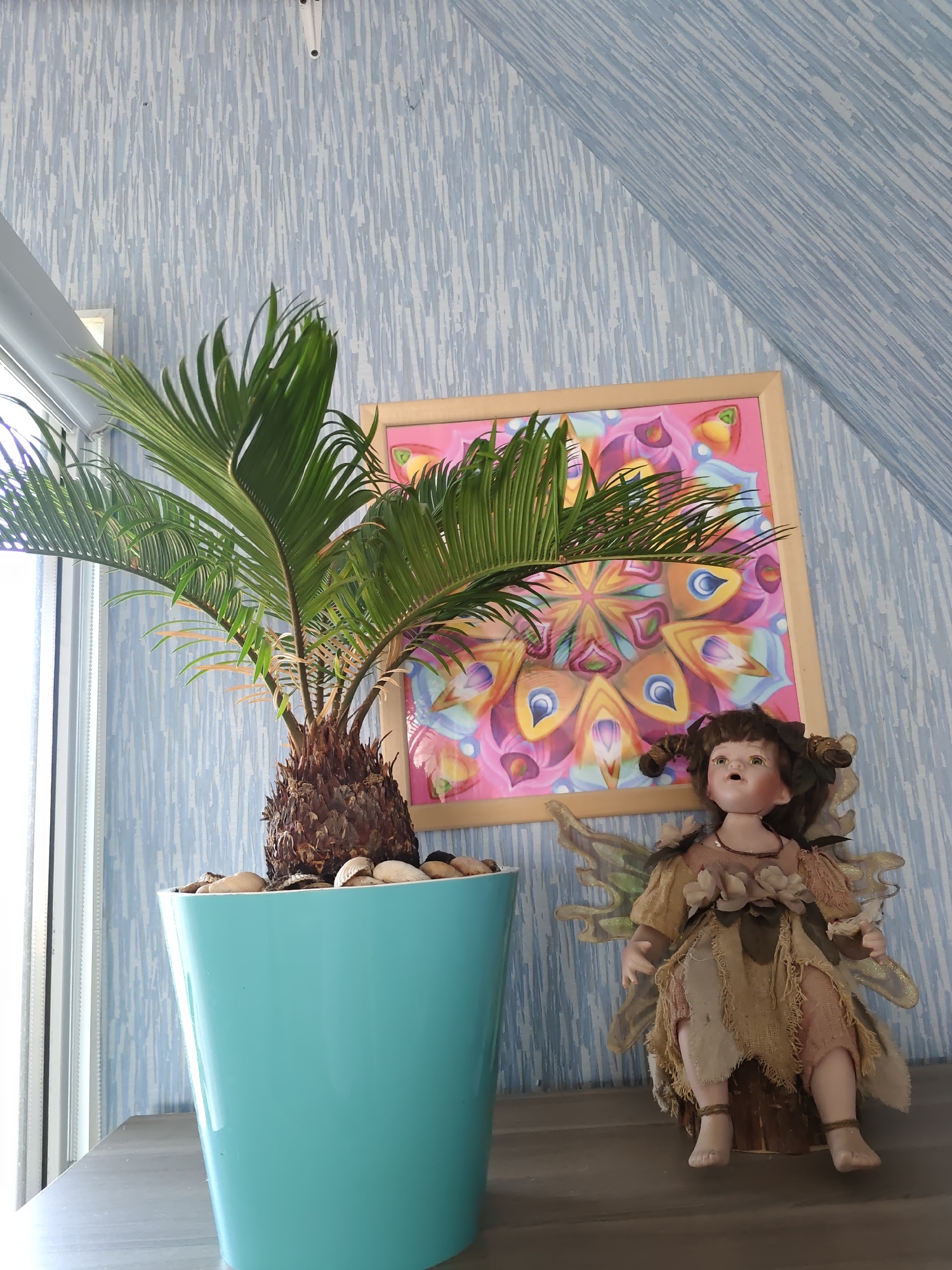 A potted sago palm plant sits on a table next to a framed colorful painting and a doll with fairy wings. The background is a blue textured wallpaper. The scene is indoors, likely a room with a window visible on the left. The doll appears to be made of porcelain with a fabric dress and wings. The painting features a mandala-like design with vibrant colors. The plant is in a bright turquoise pot.