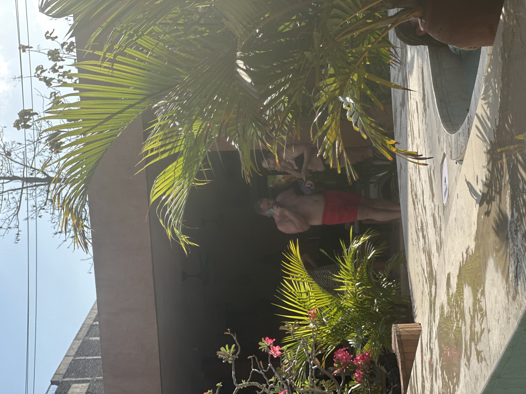 In Kuta Selatan, Indonesia, a man in red swim trunks stands outdoors near a building with a brown facade and a covered patio. He is holding a smartphone to his ear and appears to be speaking on it. To his left, a woman in a black bikini stands and looks to the side. Behind them, a ceiling fan is visible on the dark patio. In the foreground, lush green palm fronds partially obscure the view, and vibrant pink flowers bloom on a branch to the left. The ground around the patio is wet and reflects sunlight, suggesting it is a pool area. A large brown planter pot is visible on the right side of the image. The scene is bathed in bright sunlight, casting shadows from the plants.