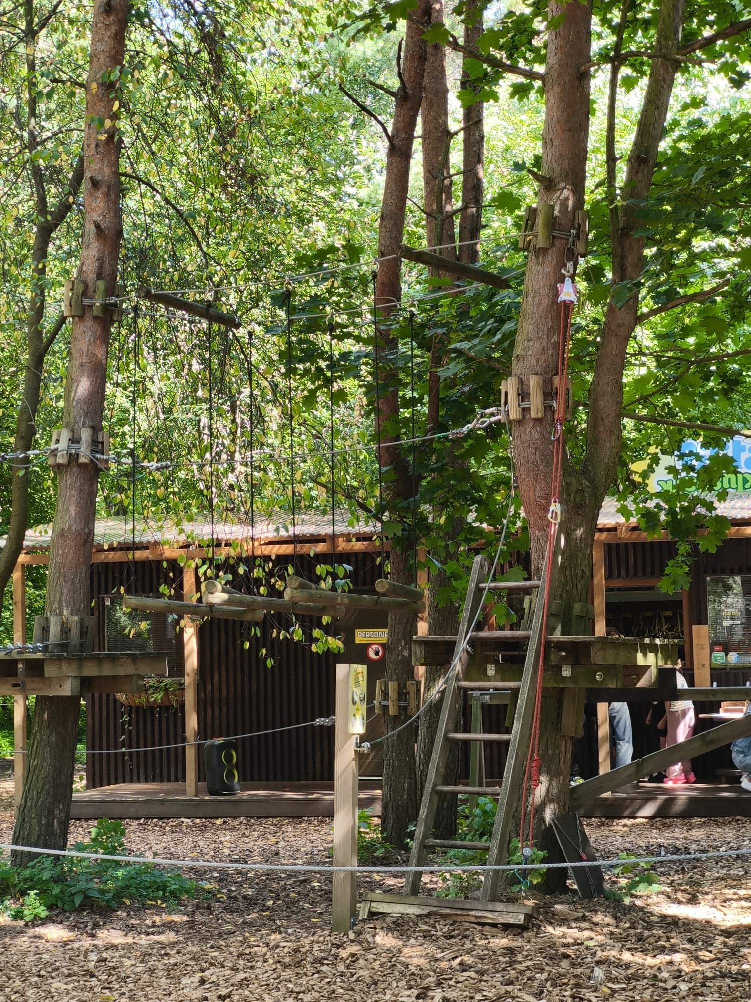 This image depicts an outdoor adventure park, likely a treetop adventure course, set in a wooded area. The scene is dominated by trees, with wooden platforms and cable systems constructed between them, suggesting an activity course. A wooden ladder leans against a tree, and red ropes are visible, likely part of the safety equipment for the course. In the background, a building with a wooden facade and a corrugated roof is present, with several people standing on a wooden deck in front of it. Some of the people appear to be participating in or observing the adventure park activities. The ground is covered in wood chips and fallen leaves, typical of a forest environment. There are signs posted, one of which appears to be a safety warning with a hand symbol. The overall impression is of a recreational facility designed for outdoor activities in a natural setting. While the image provides details of an adventure park, it does not contain any specific visual cues that would definitively place it within the city of Tallinn, Estonia.