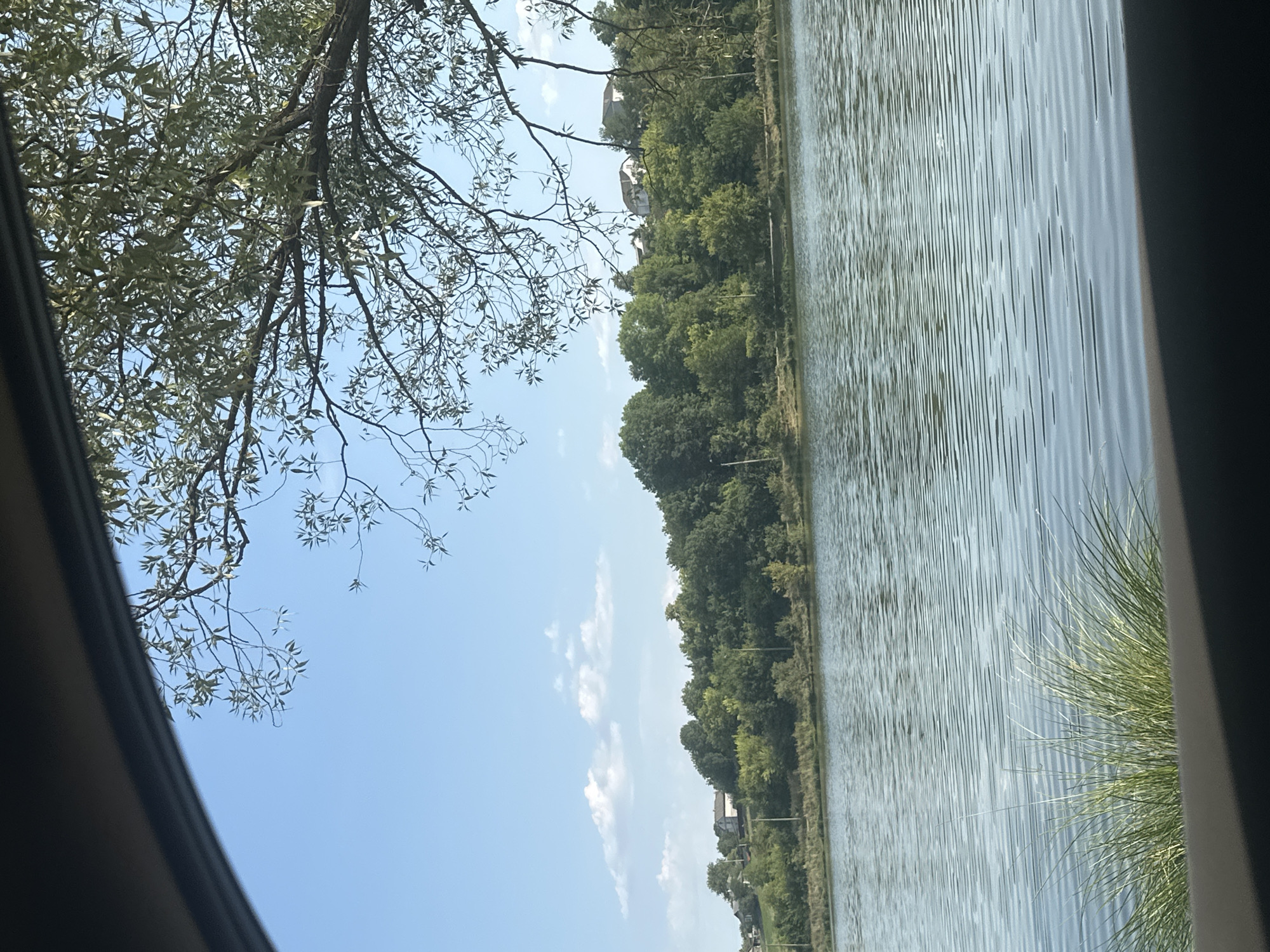 The image depicts a body of water, likely a lake or river, with ripples on its surface reflecting the blue sky. In the foreground, a cluster of tall green grass grows on the bank. The middle ground features a lush, tree-covered embankment dotted with houses visible on a higher elevation. The background is dominated by a clear blue sky with a few scattered white clouds. The scene is viewed from a low angle, possibly from within a vehicle, as indicated by the dark, curved frame at the top and bottom of the image, suggesting a window. The overall impression is one of a serene, rural landscape. The location is identified as Makiv, Ukraine.