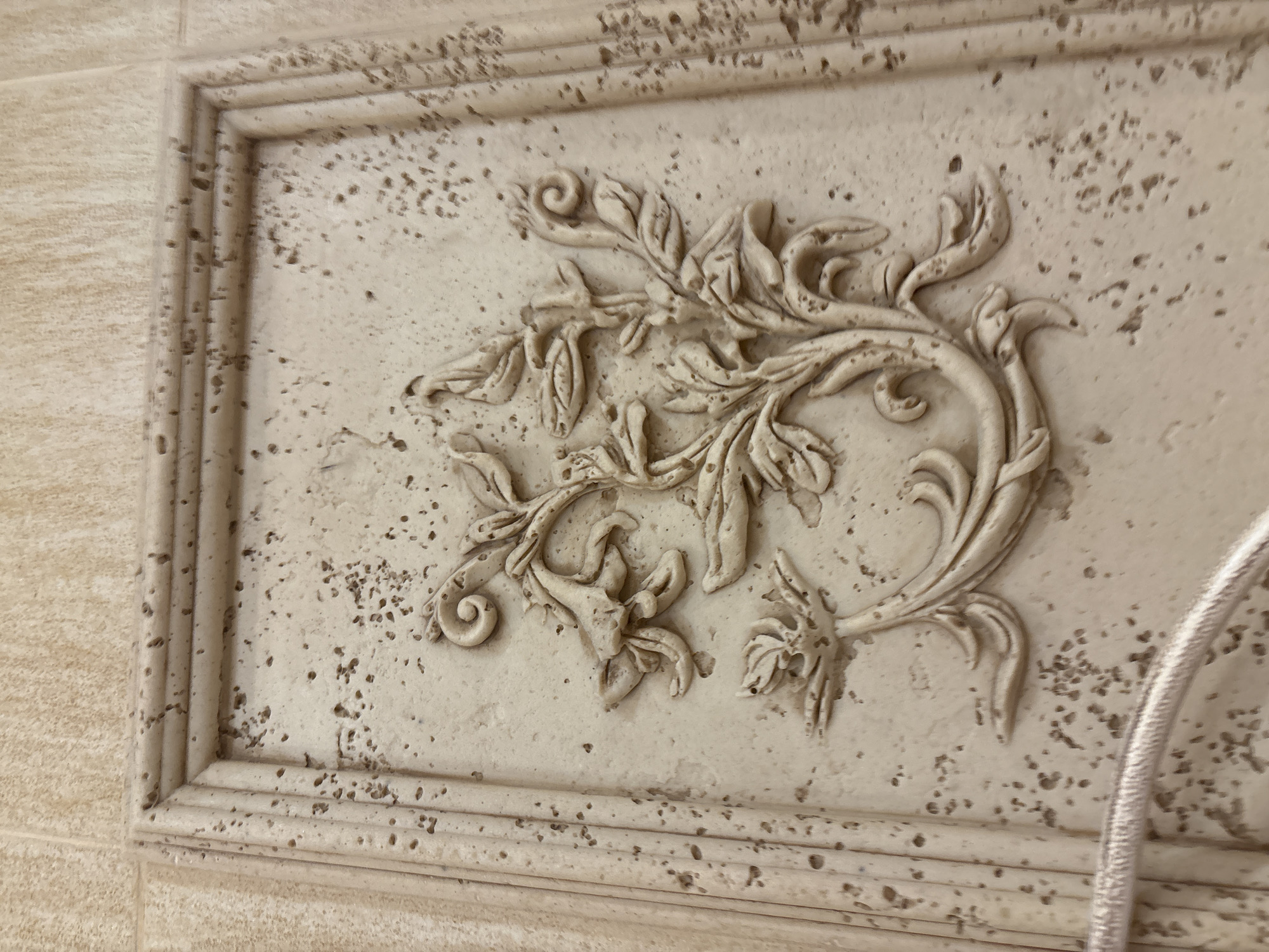 The image shows a close-up of a decorative relief carved into a light-colored, textured surface, possibly stone or plaster. The relief depicts an ornate floral pattern with swirling vines, leaves, and at least two flowers, one appearing as a lily or orchid. The surface itself has a porous, speckled appearance, giving it a naturalistic, weathered look. The relief is set within a recessed rectangular frame with a multi-layered border. The lighting suggests the relief is illuminated from above and to the left, casting subtle shadows that highlight its three-dimensional form. The background is a similarly textured, light beige wall, tiled or paneled with vertical lines. A thin, light-colored cord or rope is visible in the lower left corner, partially obscuring the bottom of the relief. The location in Georgiyevsk, Russia, is not discernible from the image itself.