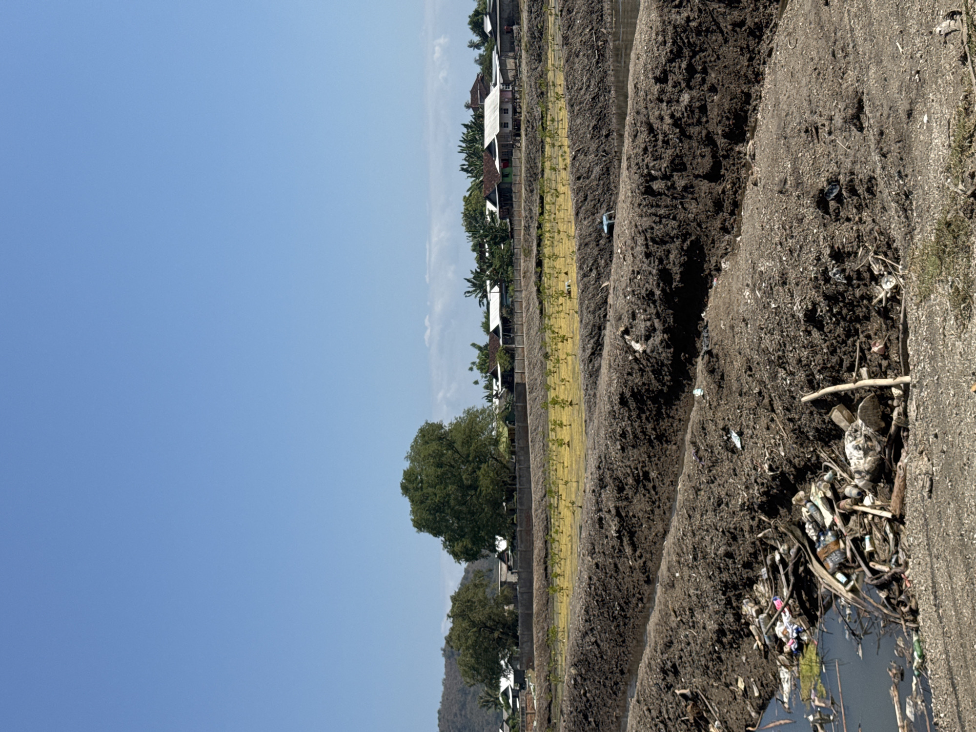 The image depicts a scene in Kertasari, Indonesia, featuring an agricultural landscape marred by litter. In the foreground, a pile of refuse, including plastic bottles, fabric scraps, and other debris, is scattered along the edge of a muddy ditch. Beyond this, a cultivated field with rows of young plants stretches towards a line of buildings and trees. The background shows a cluster of houses with various roof types, interspersed with lush vegetation. A gently sloping hill forms the furthest backdrop, under a clear blue sky. The overall impression is one of agricultural activity in proximity to waste and habitation.