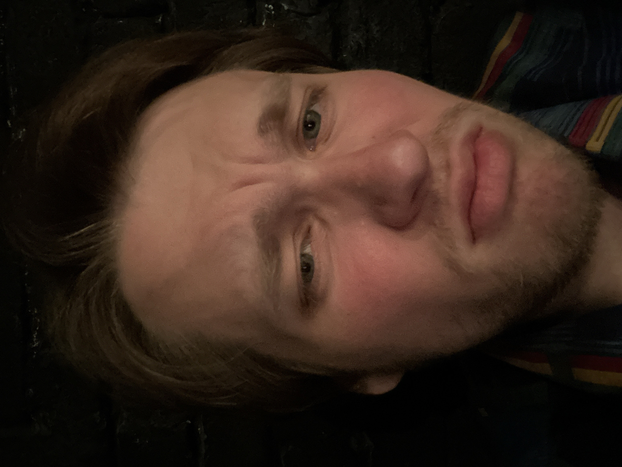 A man's face is centered in the image, tilted to the left. He has fair skin, light brown hair, and a short beard. His expression is somewhat quizzical, with a furrowed brow. The background appears dark, with the suggestion of a wall texture behind him. A striped piece of fabric is partially visible near his shoulder. The location is unknown.