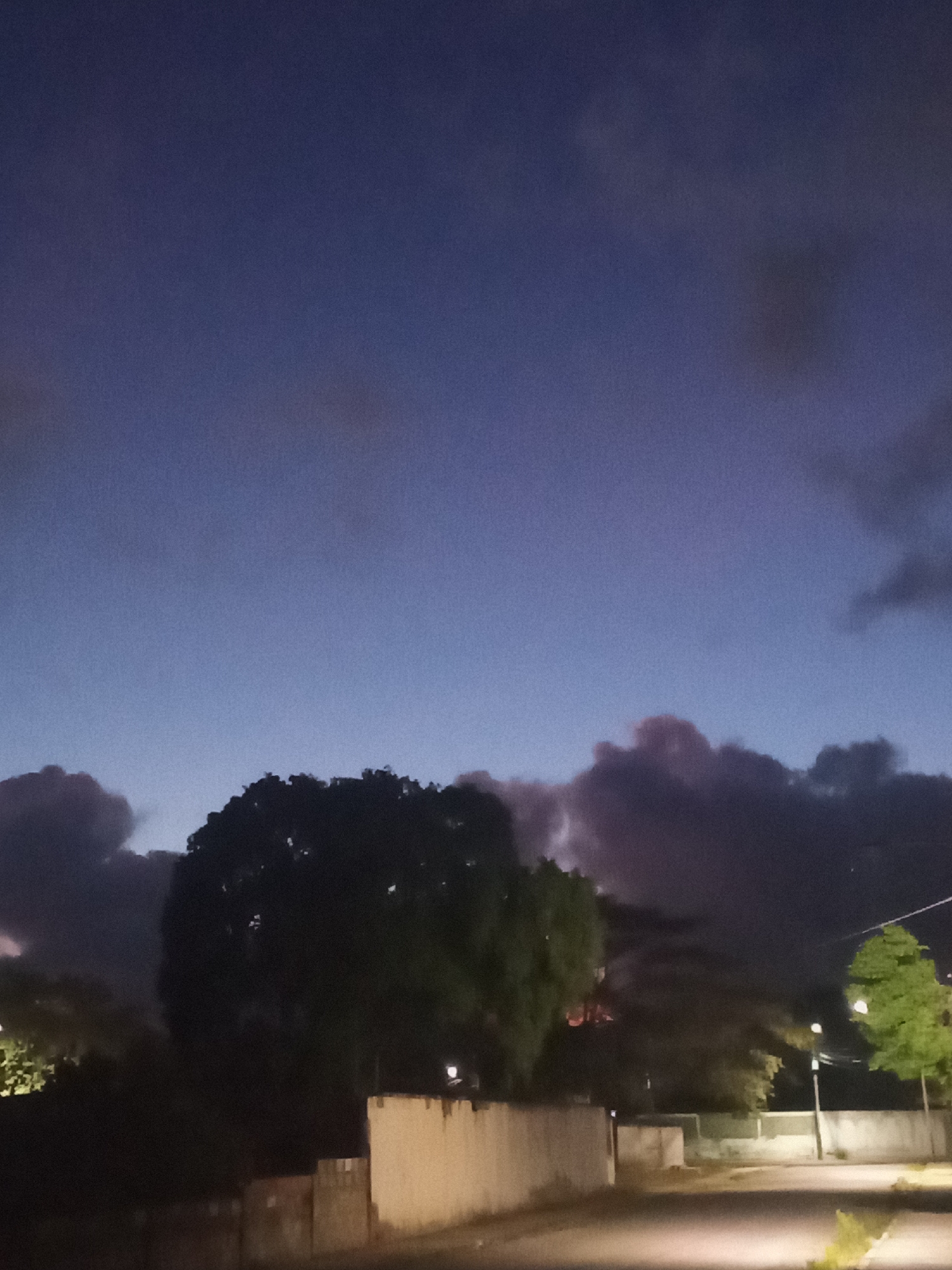 This image depicts an urban setting in Juan Griego, Venezuela, observed during crepuscular hours. The upper two-thirds of the frame present a deep indigo sky, gradually lightening towards the horizon, with scattered, dark cloud formations. Some clouds exhibit faint purple and pink coloration, particularly in the mid-right. The lower portion of the image is dominated by dark silhouettes of vegetation, including a large, dense tree on the left. In the mid-ground, a light-toned wall structure, likely concrete, extends horizontally, illuminated from the front by an artificial light source. A paved road or street surface is visible in the lower right quadrant, reflecting ambient light. A functional street lamp, a pole-mounted fixture, is positioned on the right side of the road, casting light onto adjacent foliage. No individuals, animals, or active vehicles are present in the visible scene.