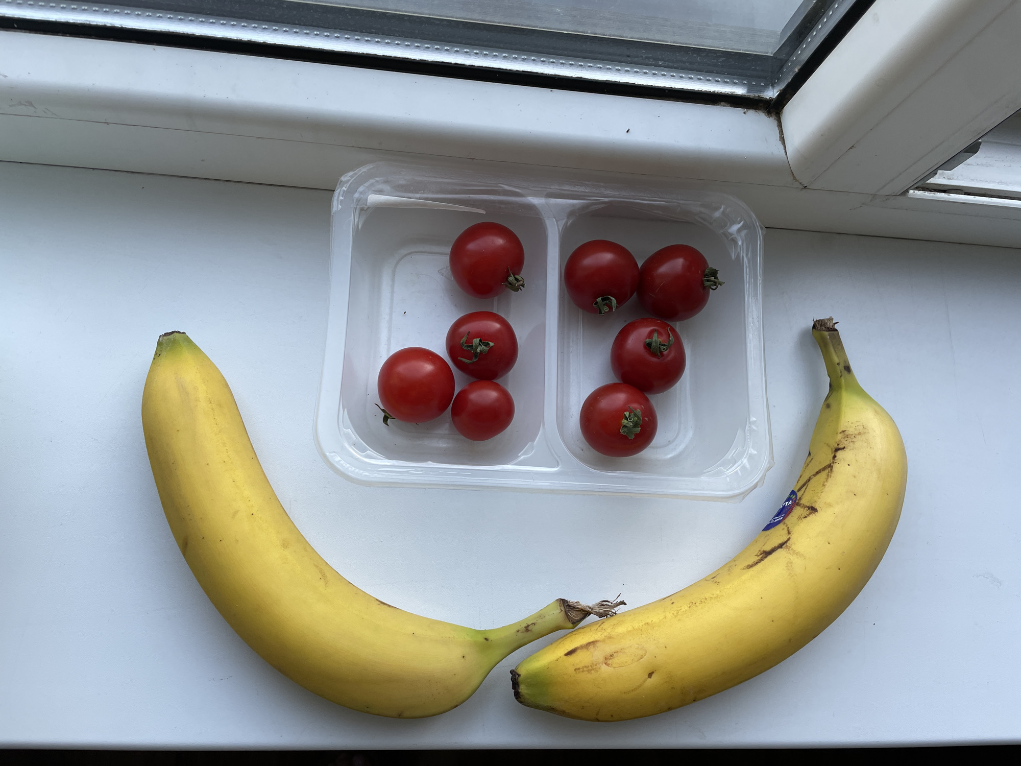 Two ripe yellow bananas and seven cherry tomatoes are arranged on a white surface next to a window frame. The bananas are positioned to form a curved shape, with the stems pointing towards the bottom left. The cherry tomatoes are contained within a clear plastic divided container. The window frame on the right is white and appears to have some minor dust or dirt accumulation. The lighting suggests an indoor setting with natural light coming from the window. The image's composition suggests a still life arrangement, possibly in a kitchen or dining area. There is no indication of the specific location in Almaty, Kazakhstan, beyond it being a city.
