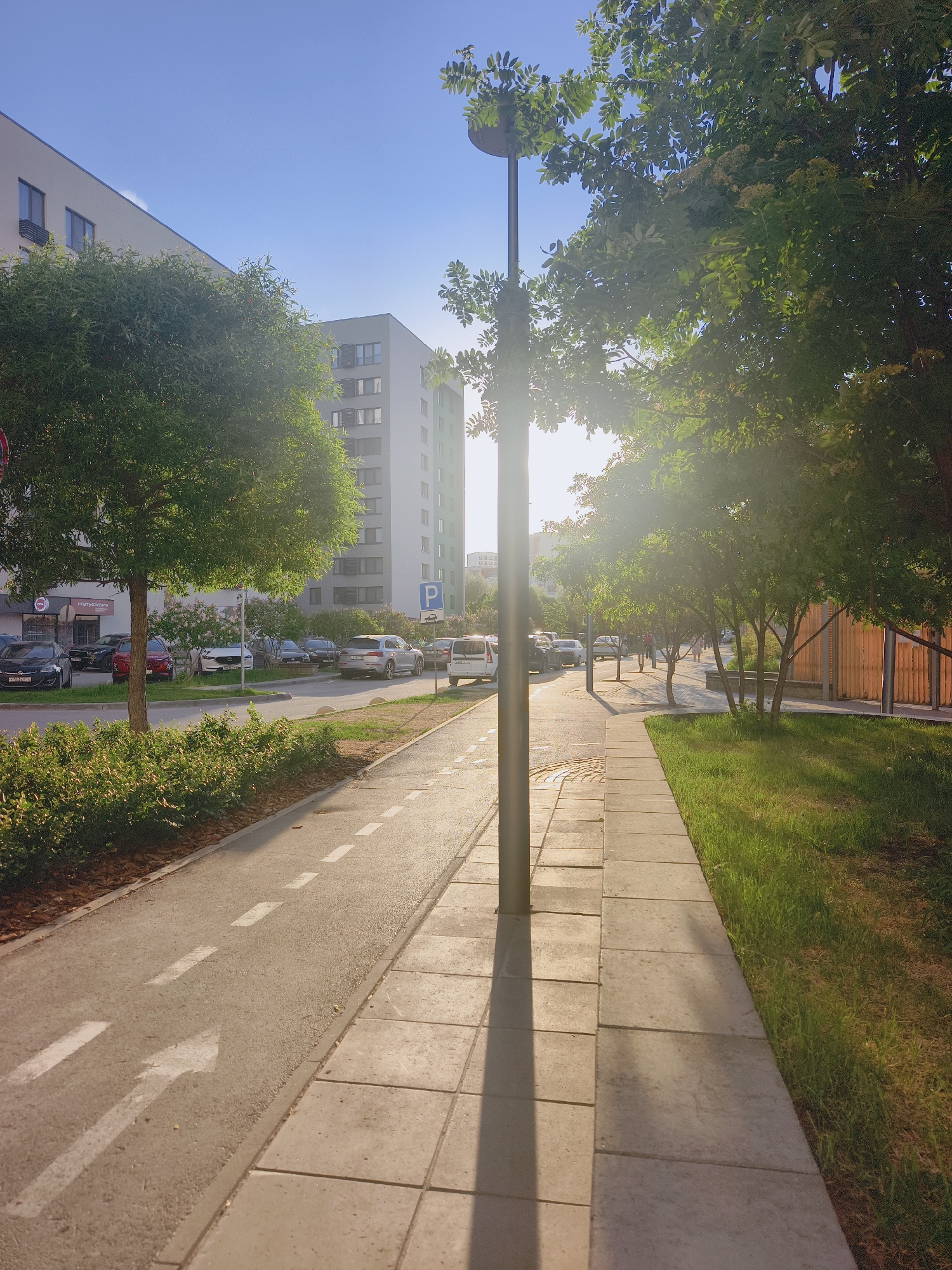 The image shows a street scene in Tyumen, Russia. The sidewalk is composed of square concrete pavers and runs adjacent to a road marked with a white arrow indicating a bicycle lane. A silver lamppost casts a shadow onto the sidewalk. On the left side of the road are parked cars and a multi-story building. On the right side are trees and a grassy area, with a wooden fence visible further in the background. The sun shines brightly, creating a lens flare effect.