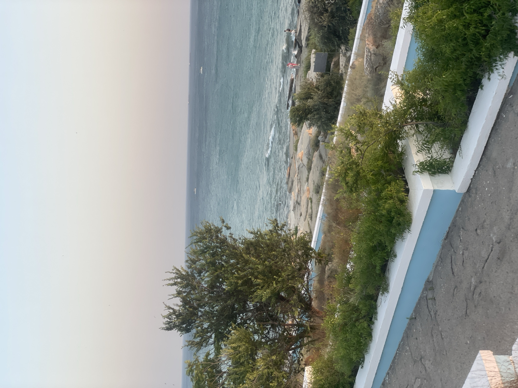 The image depicts a coastal scene with the Caspian Sea in Aktau, Kazakhstan, under a clear, pale sky transitioning to a soft orange hue near the horizon. In the foreground, a cracked concrete pathway leads the eye towards a raised planter box filled with lush green bushes and smaller trees. The planter box has a white top edge and a light blue painted vertical surface. Beyond the planter, a large, leafy green tree stands prominently on the left side of the frame.
The middle ground reveals a rocky shoreline with large, weathered stones. The turquoise water of the Caspian Sea gently laps against the shore, with small waves visible. Several small boats are scattered across the water in the distance. Two individuals, one wearing a red garment and the other dark clothing, are visible standing on the rocks near the water's edge, appearing to be observing the sea.
The overall impression is one of a serene, late afternoon or early evening coastal landscape in Aktau, likely a public promenade or park area.