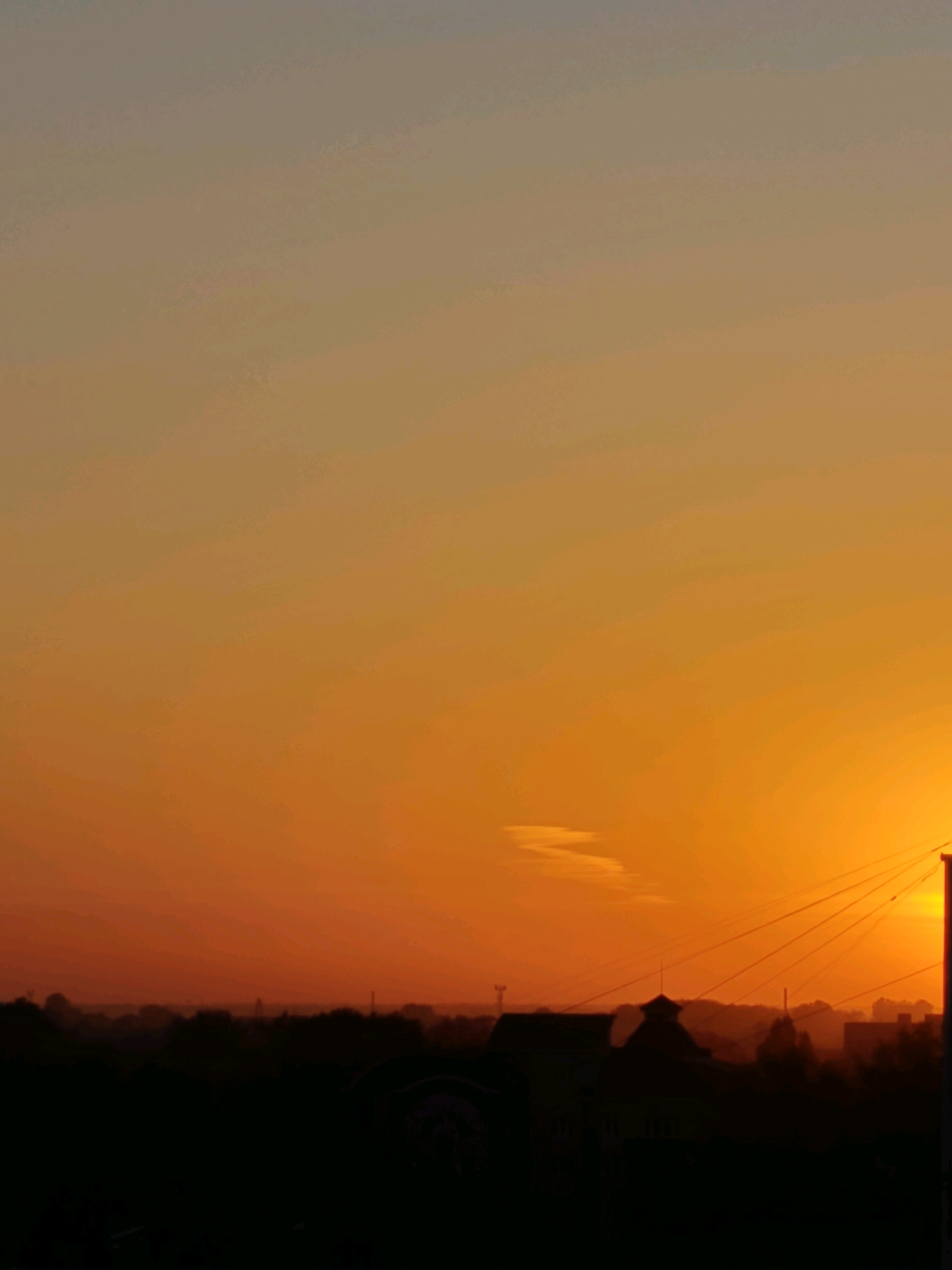 The image shows a silhouetted cityscape against a vibrant orange sunset. The sky transitions from a pale orange-grey at the top to a deep, fiery orange near the horizon. A few wispy clouds are visible in the middle of the sky. The lower half of the image is dominated by the dark silhouettes of buildings and trees, with power lines stretching across the frame. The overall scene suggests an urban or semi-urban environment at dusk. While the location is specified as Rubtsovsk, Russia, there are no specific landmarks or identifying features in the image that would confirm this location without additional information. The image is devoid of people, animals, or any discernible activity. The focus is on the atmospheric conditions and the silhouette of the landscape.