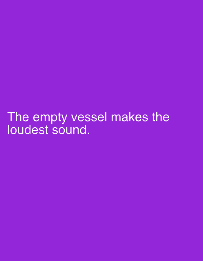 A white text overlay reads "The empty vessel makes the loudest sound." against a solid purple background. The text is positioned in the lower left quadrant of the image. There are no other objects, people, or environmental details present. The location in Smyadovo, Bulgaria is not depicted.