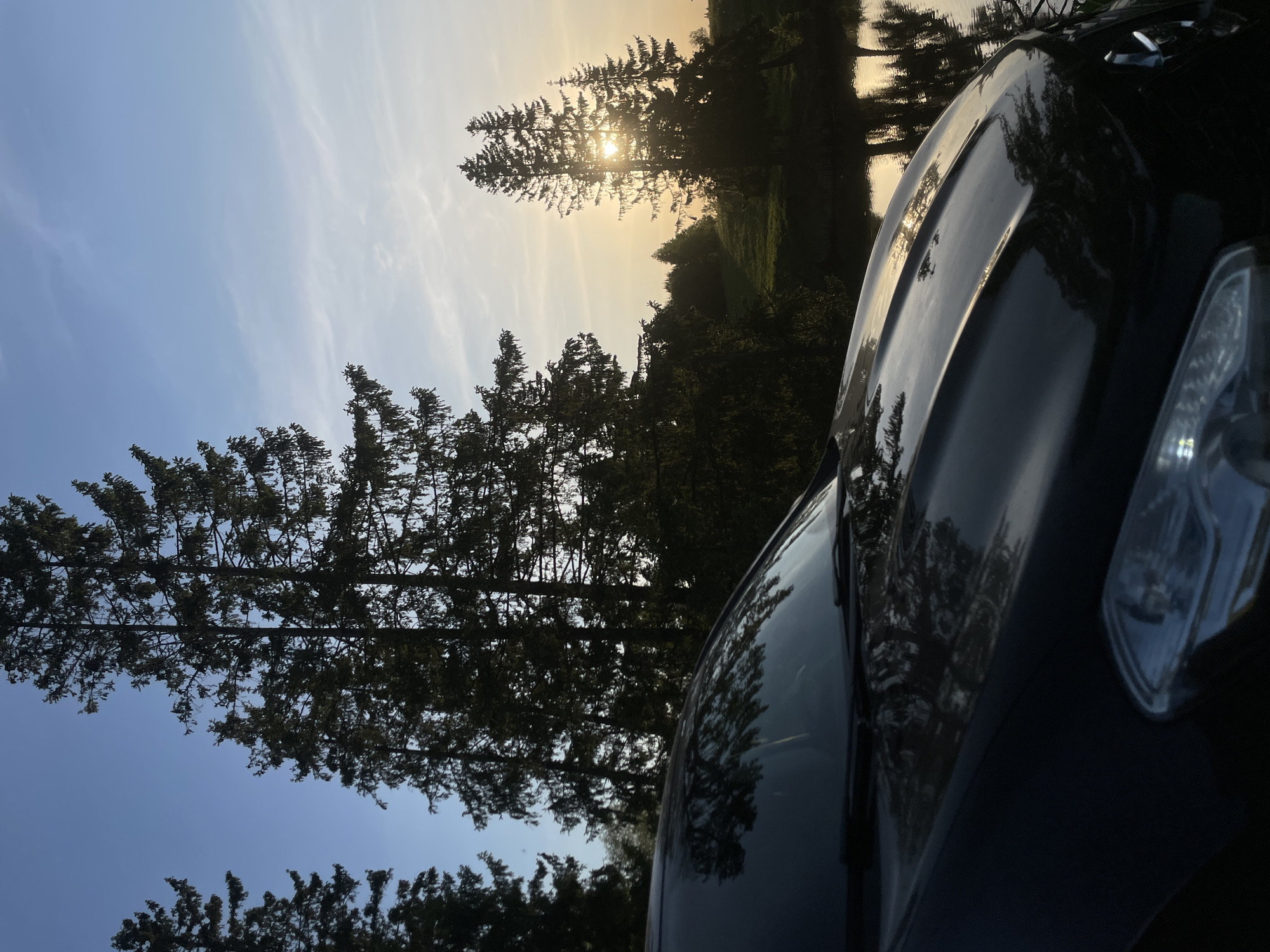 The image depicts a partially visible dark-colored vehicle parked in an outdoor setting with trees and a body of water. The sun is positioned behind a tree, creating a silhouetted effect. The sky transitions from a pale blue to a golden hue near the horizon. Based on the location provided, it is implied that this scene is in or near Подшивалово, Russia, but without further visual cues, it is impossible to be more specific about the precise location within the city.