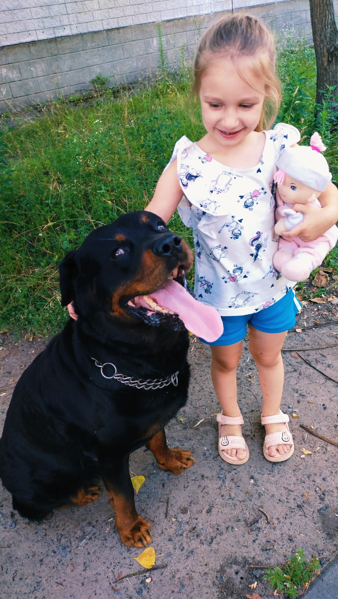 A young girl with blonde hair, wearing a white top with a cartoon pattern and blue shorts, stands outdoors holding a doll. Beside her, a large black Rottweiler dog sits with its tongue hanging out. They are on a dirt path, with grass and a stone wall visible in the background. The scene appears to be in a residential area in Horishni Plavni, Ukraine.