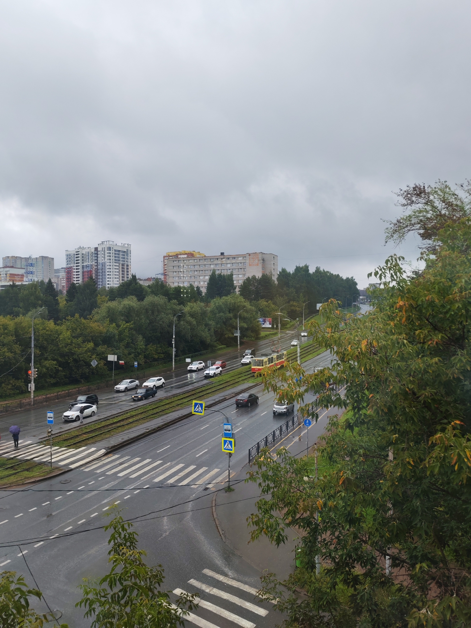 The image shows a rainy day in Izhevsk, Russia, with overcast skies. A tram is traveling on a track next to a wet, multi-lane road. Several cars are driving on the road, and some are parked. Pedestrian crossings are visible, with a few people walking. Buildings and trees line the street, and some of the trees show autumn colors. The scene appears to be a typical urban street with traffic and public transportation.