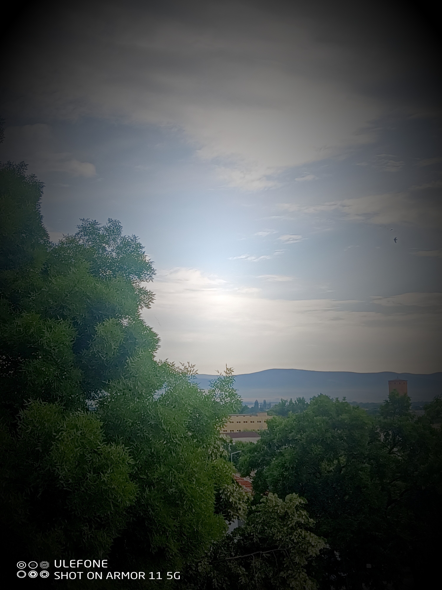 The image depicts a landscape viewed from an elevated position, looking out over a city or town towards a distant mountain range under a cloudy sky. A large, dense, green deciduous tree occupies the left foreground and extends along the bottom of the frame, partially obscuring the view. The sky above is dominated by light and dark grey clouds, with a bright, diffused light source, presumably the sun, visible through the clouds in the upper-left-center. Two small, dark bird-like shapes are discernible in flight in the upper-right quadrant of the sky.
Below the horizon line, the midground reveals scattered buildings, predominantly light-colored with dark roofs, interspersed with numerous green trees. A distinctive, reddish-brown cylindrical tower with a dark conical roof stands prominently on the far right side of the midground. The background features a range of hazy, blue-grey mountains stretching across the horizon. The overall lighting suggests daytime with significant cloud cover. A watermark in the bottom left corner reads "Ulefone SHOT ON ARMOR 11 5G". The location is an unknown city or town, set against a backdrop of mountains.
