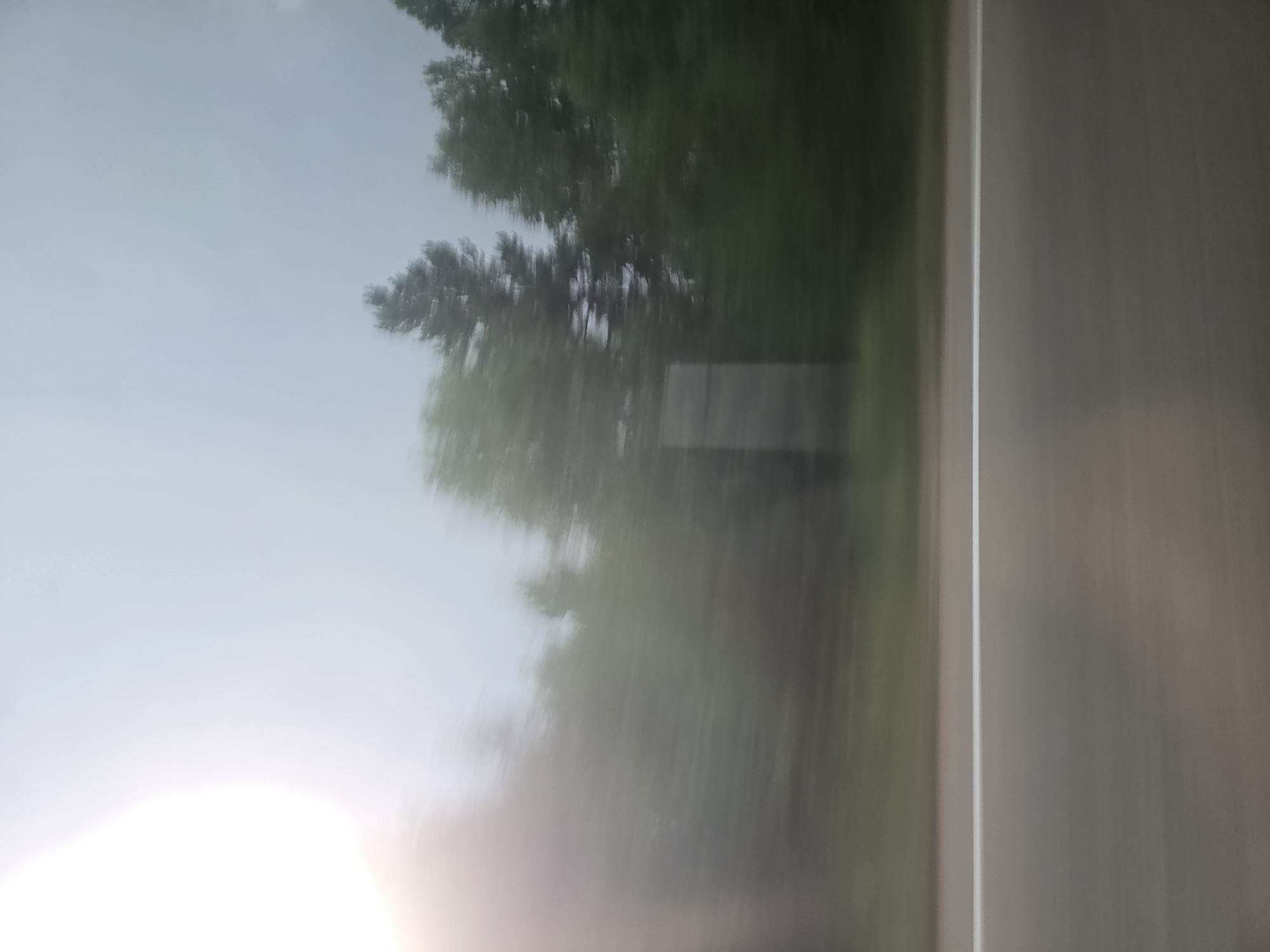The image depicts a motion-blurred view of a road with a white line dividing the lanes, seen from a moving vehicle. To the right of the road, a blurry line of trees forms a treeline. The sky is overcast and bright, with a significant lens flare obscuring the upper left portion of the image. The location is Baturino, Russia.