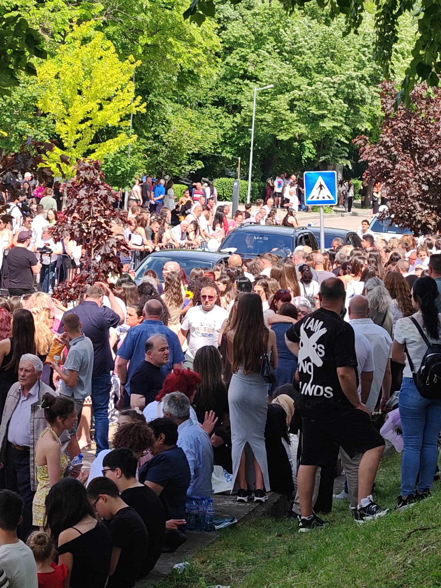 A large crowd of people gathers on a sunny day near the Panayot Volov monument in Shumen, Bulgaria. The scene is teeming with men, women, and children, many of whom are dressed in casual clothing. A few cars are visible amongst the crowd, and a blue pedestrian crossing signpost stands nearby. The area is surrounded by lush green trees, with some displaying yellow and maroon foliage. The group appears to be standing on or near a grassy slope. Some individuals are looking towards the center of the crowd.