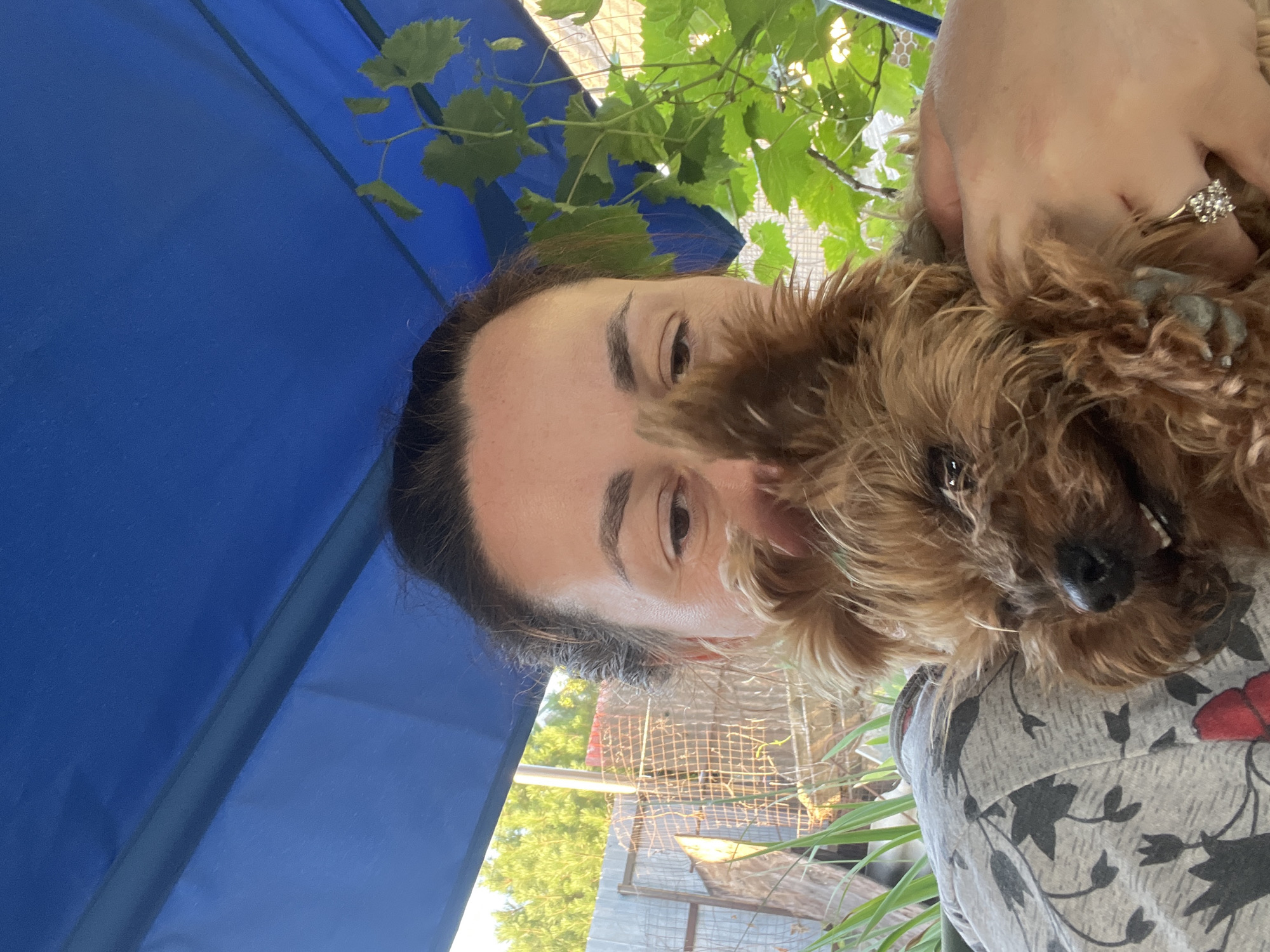 A woman and a dog are holding each other close outdoors, possibly in a backyard or garden. The woman is looking down at the dog, her face partially obscured by the dog's fur. She has her hair pulled back and is wearing a grey t-shirt with a floral pattern. The dog is a small, brown, fluffy breed, with its head resting on the woman's shoulder. The background shows greenery, a fence, and a blue canopy. The scene appears to be illuminated by natural sunlight. There are no discernible features that would place this image specifically in the city of Stavropol, Russia.