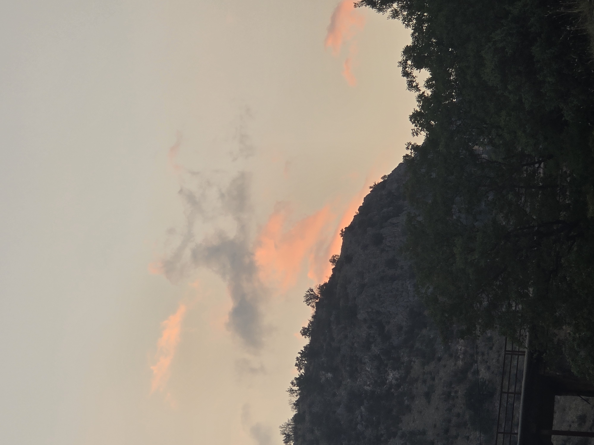 The image depicts a mountain landscape with a hazy sky at dusk, possibly in the vicinity of Bioče, Montenegro. A dark, rugged mountain slope dominates the left and center of the frame, dotted with sparse, dark green vegetation along its crest. Silhouetted trees in varying shades of dark green and black fill the foreground and extend across the bottom half of the image, partially obscuring the base of the mountain. A dark, elevated structure, resembling a bridge or viaduct with railings, is visible on the lower left side of the image, emerging from behind the trees. The sky above the mountain is a soft gradient of pale orange and gray, with scattered clouds tinged with pink and orange hues, indicating the setting sun. There are no people or animals visible in the scene. The overall atmosphere is subdued and natural.