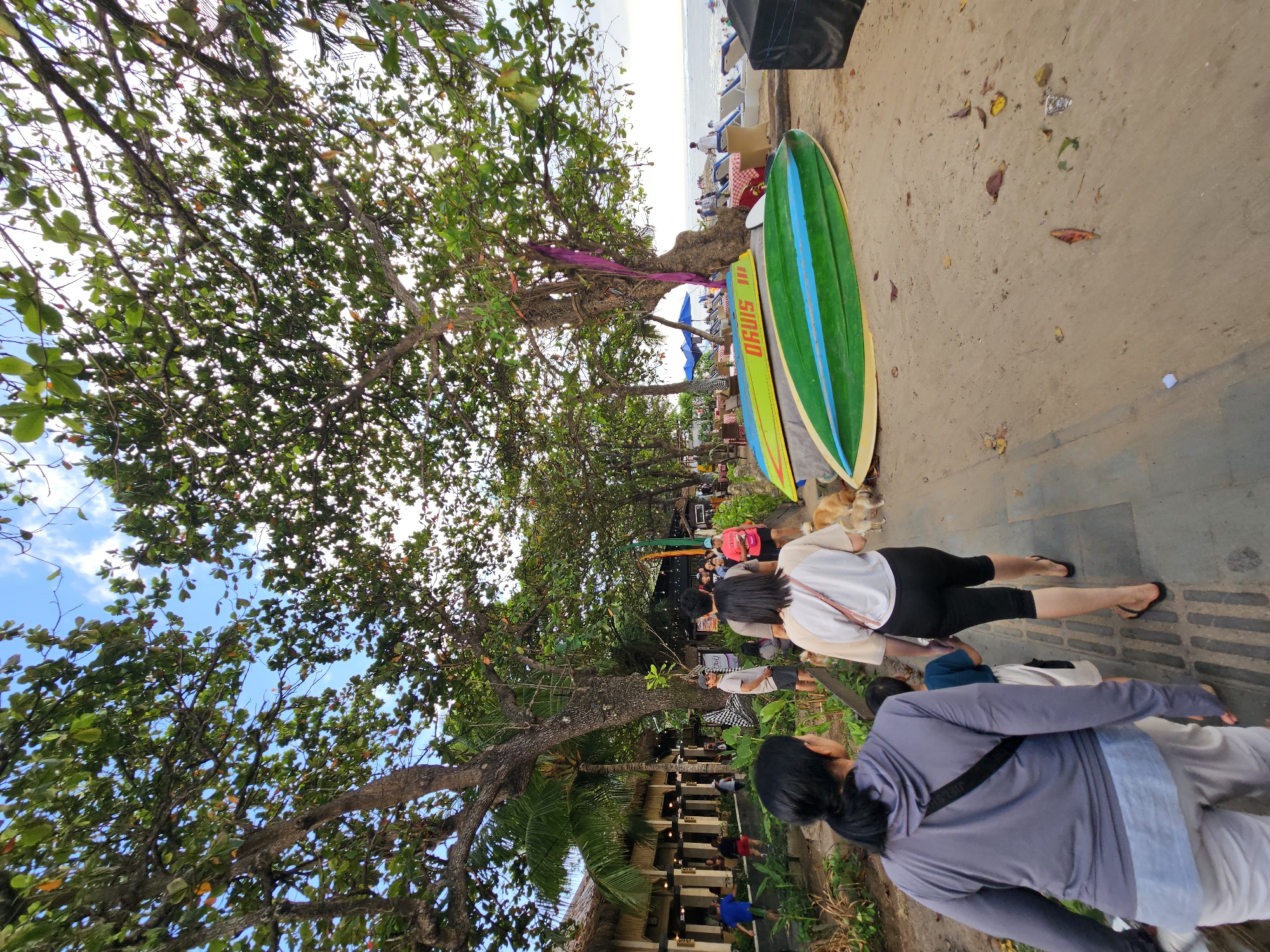 This is a street view photo taken in the city of Denpasar, Indonesia, likely near a beach. The perspective is from the ground level, looking forward. In the foreground, two women and a child walk on a paved path. The woman on the left wears a grey hoodie and white pants, with a black crossbody bag. The woman on the right wears a beige t-shirt and black leggings. Behind them, two dogs are visible, appearing to walk alongside the people. The path is bordered by lush green plants on the left. Beyond the path and to the right, there is a sandy area where two colorful surfboards are propped up. One surfboard is yellow with green accents and the word "ORBITS" written on it, while the other is green with blue stripes. Further back, several beach chairs and umbrellas are set up on the sand, indicating proximity to the ocean. The background shows a treeline with dense foliage and a glimpse of the ocean and sky beyond. A building with a thatched roof and columns is visible on the far left, suggesting a restaurant or cafe. The sky is partly cloudy. The overall impression is a lively outdoor scene in a tropical location.