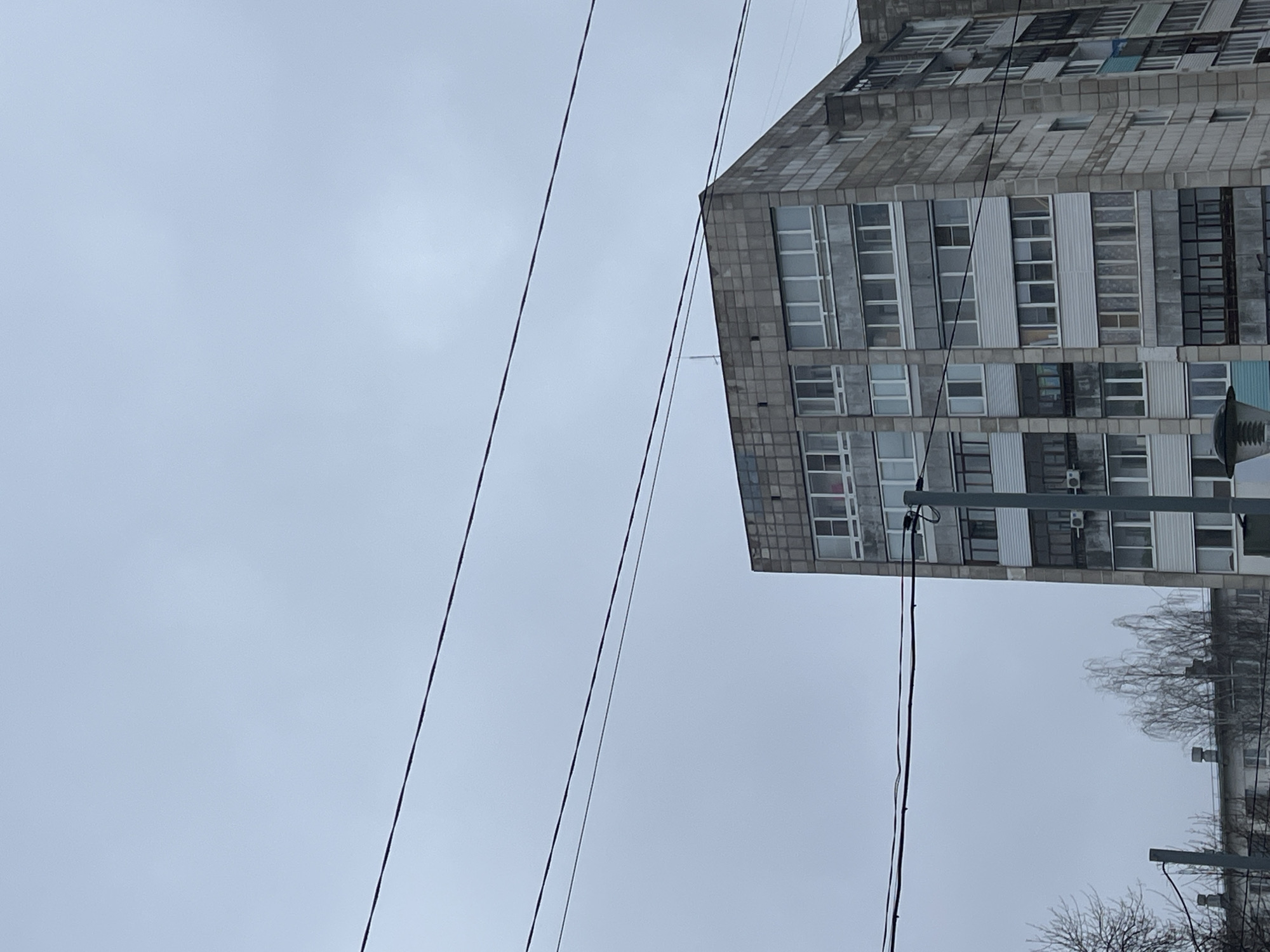The image captures a static urban scene under an overcast, grey sky. A multi-story building dominates the right side of the frame, constructed from grey, rectangular tiles, giving it a utilitarian or brutalist aesthetic common in post-Soviet architecture. The building features numerous windows, many with white frames, while others appear darker or are partially covered with what looks like corrugated metal or boarded-up sections. Air conditioning units are visible mounted on the exterior walls or balconies of several floors. The upper part of the building shows additional, smaller windows and a somewhat worn appearance.
Several dark utility wires diagonally traverse the sky across the left and central portions of the image, some extending from a utility pole partially visible in the lower right corner. This pole also holds a street light fixture. The sky is uniformly light grey, indicating a heavily cloudy day. Bare tree branches, characteristic of winter or early spring, are visible in the lower right, possibly reflecting in some of the building's windows. There are no people visible, nor any discernible text. The scene depicts a typical daytime streetscape in what appears to be a residential or mixed-use area, consistent with the location context of Chaikovsky, Russia. No specific activity or event is taking place; the image presents a quiet, observed moment.